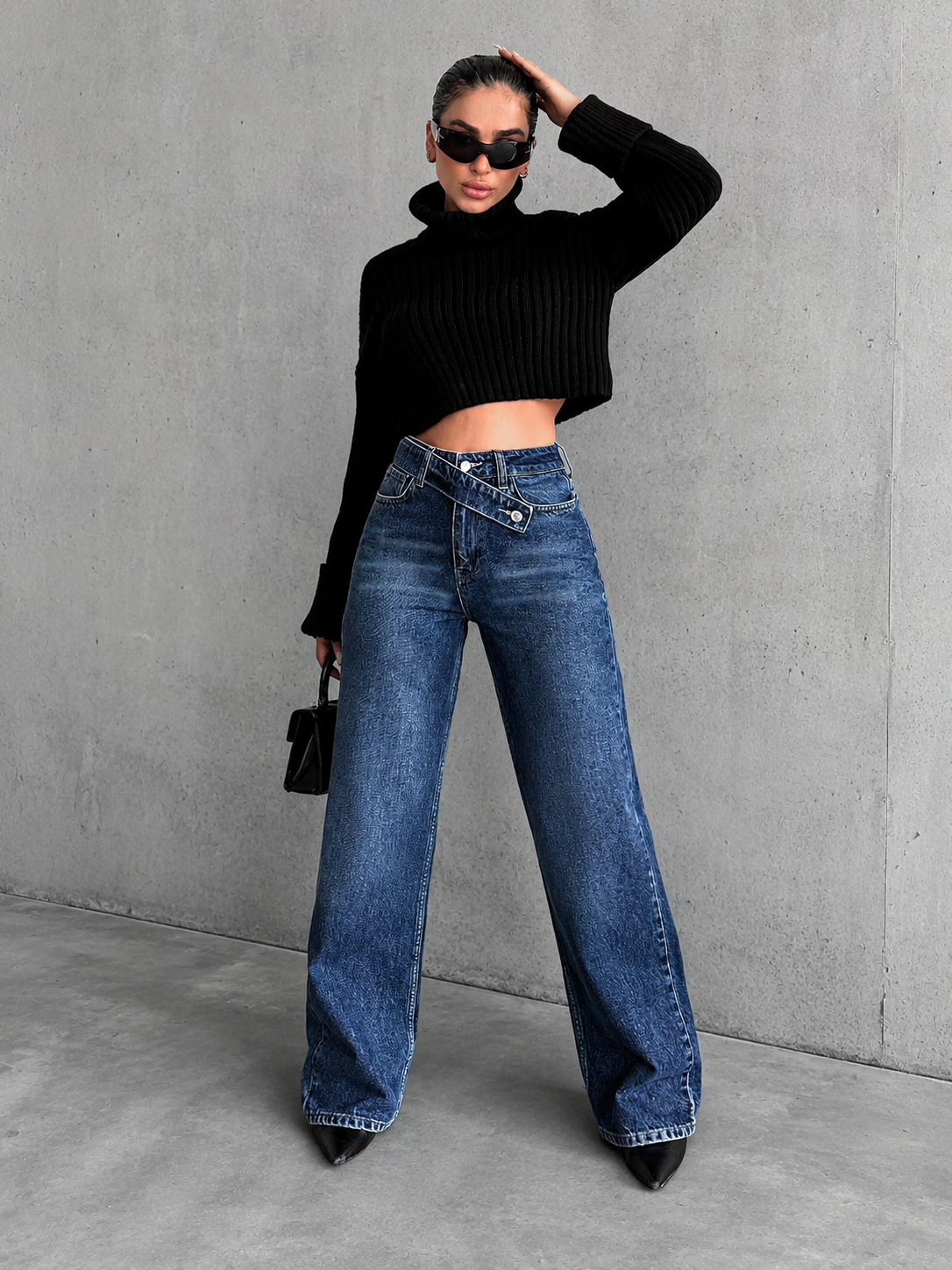 Kadın Mavi Çapraz Kemer Detaylı Wide Leg Jean Pantolon