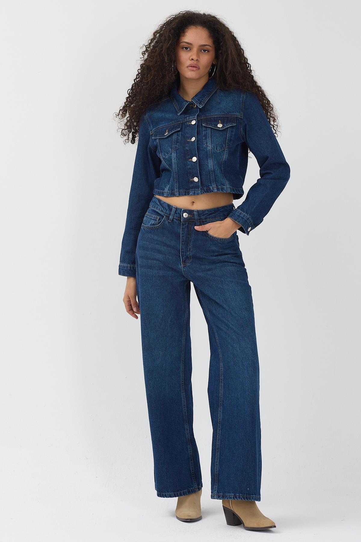 Kadın Mavi Crop Kot Ceket Bol Paça Jean Pantolon Denim Takım