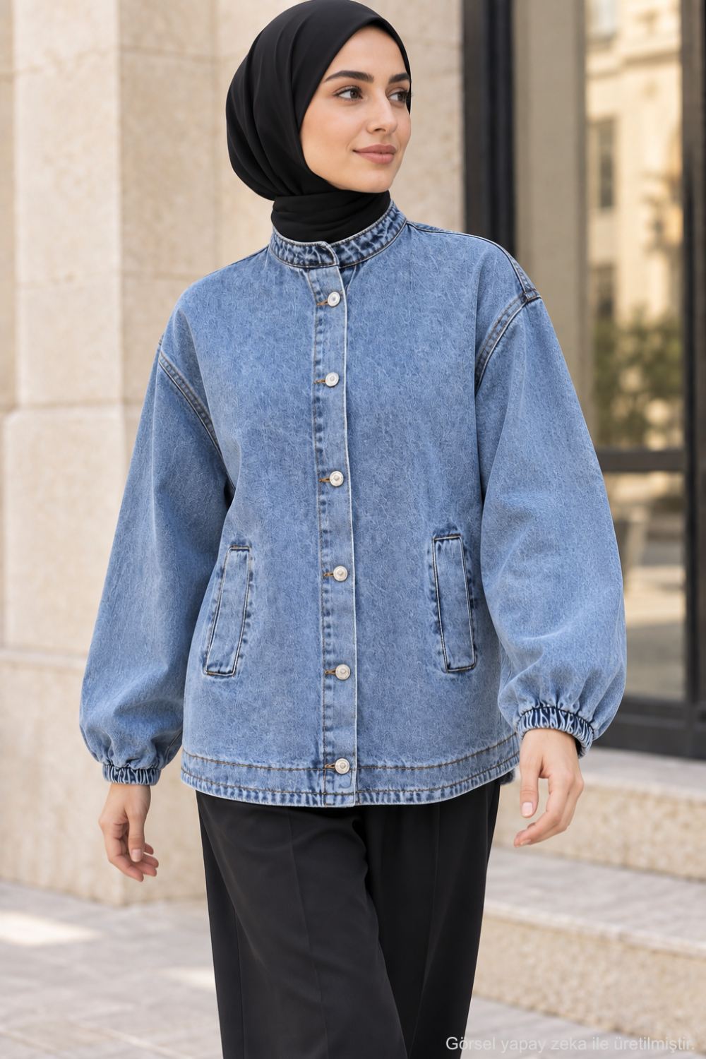 Kadın Mavi Hakim Yaka Oversize Çift Cepli Tesettür Kot Ceket