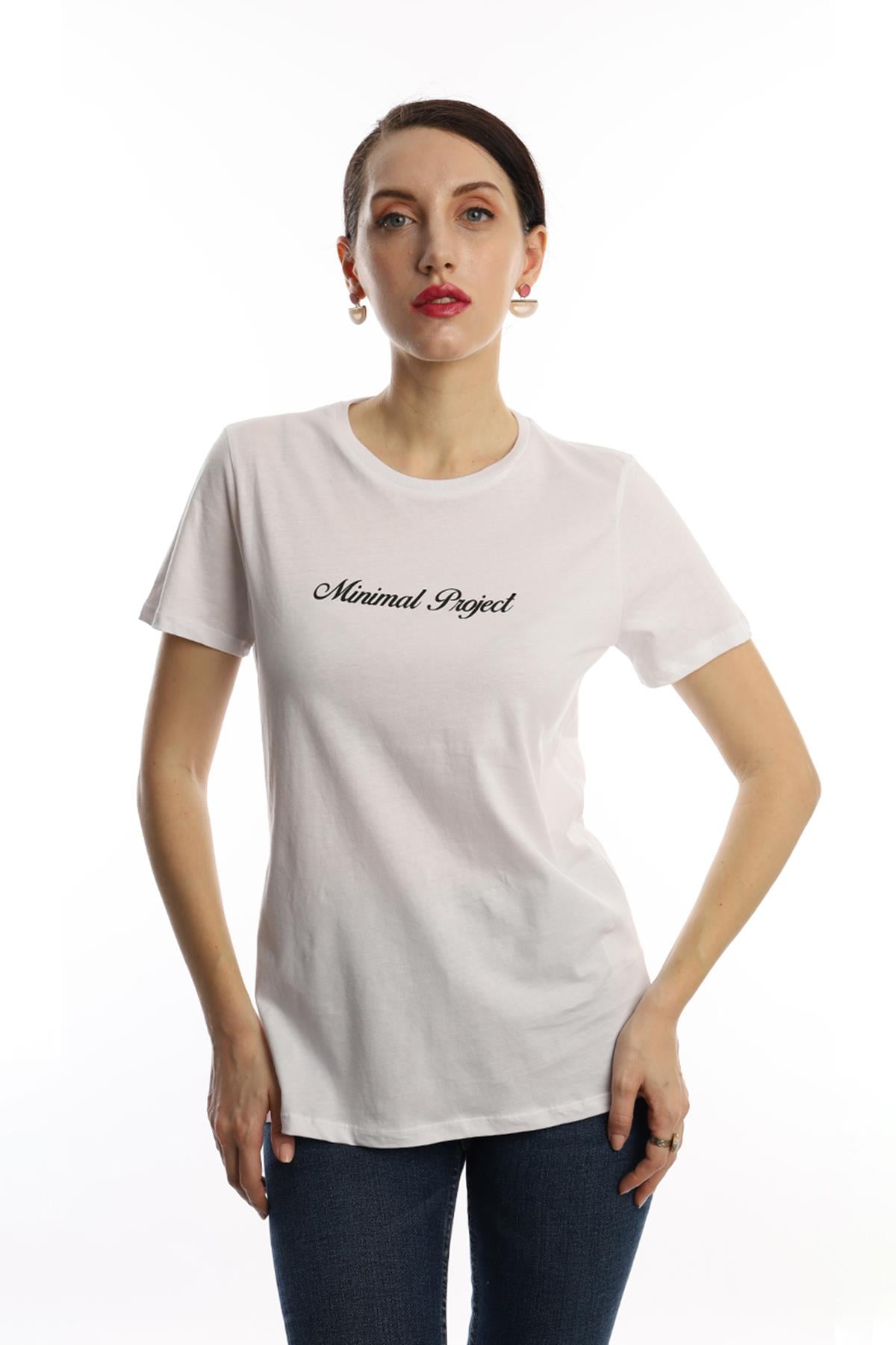 Kadin Minimal Project Baskli Tisort Beyaz