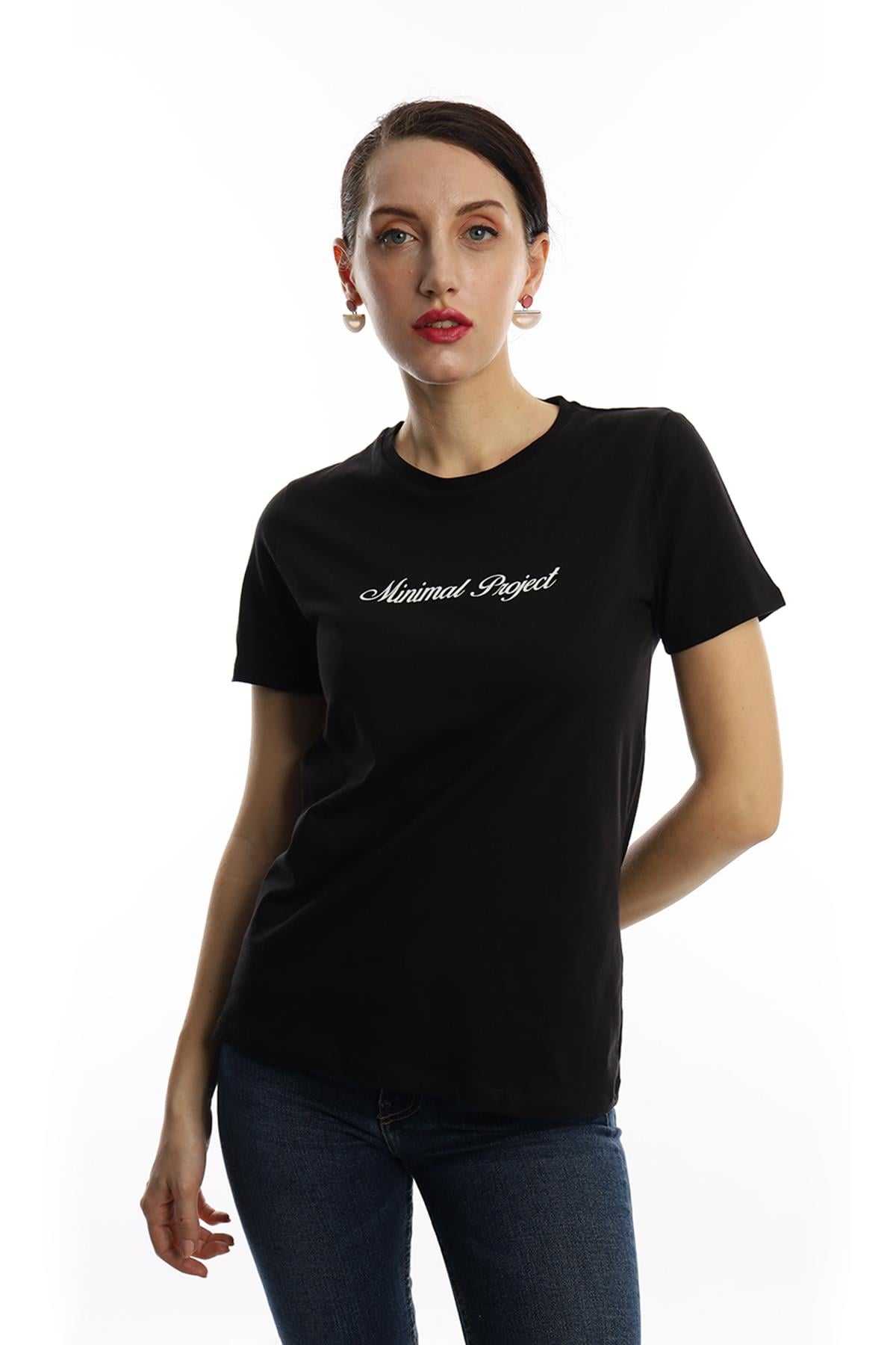 Kadin Minimal Project Baskli Tisort Siyah