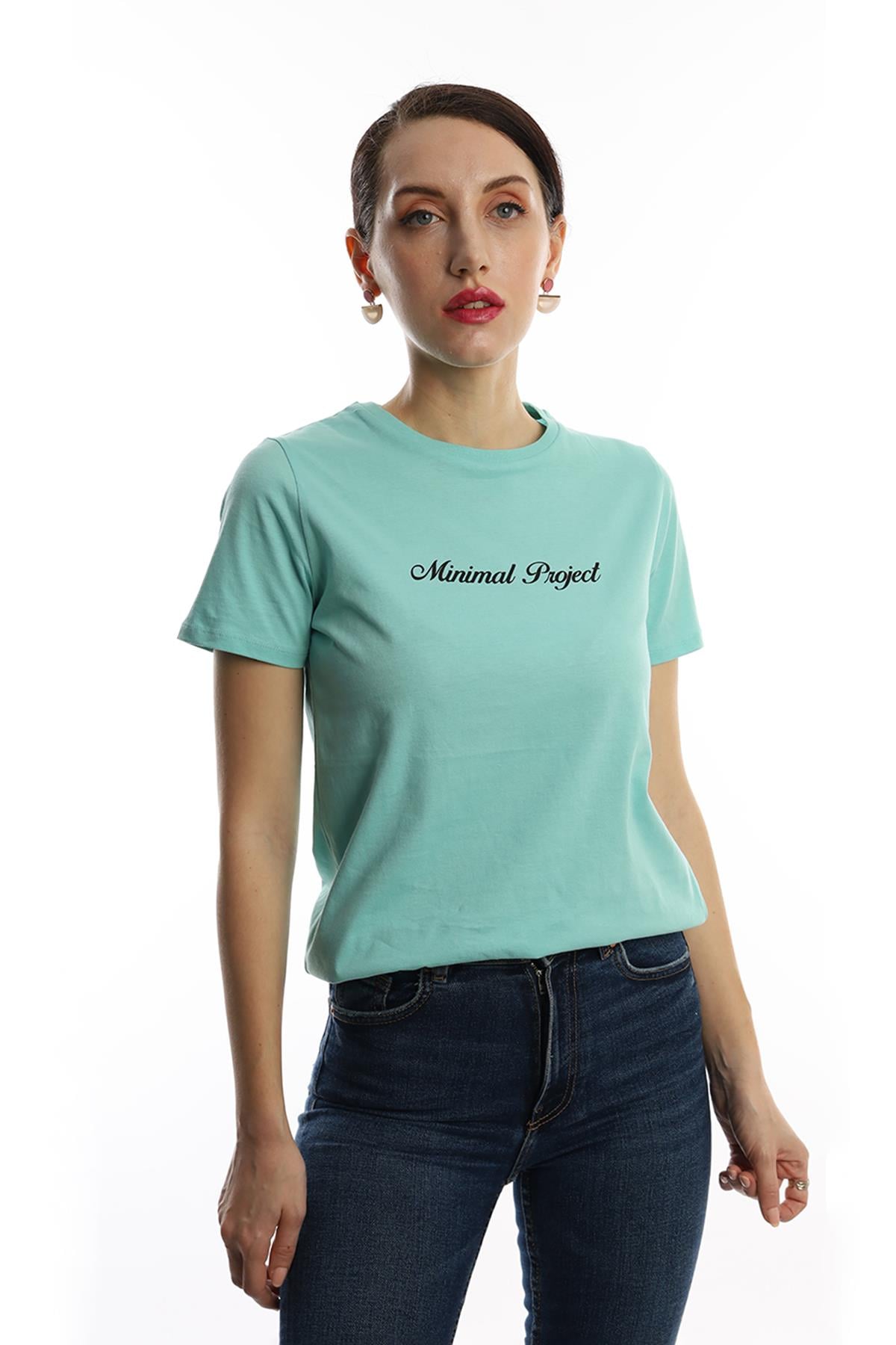 Kadin Minimal Project Baskli Tisort Turkuaz