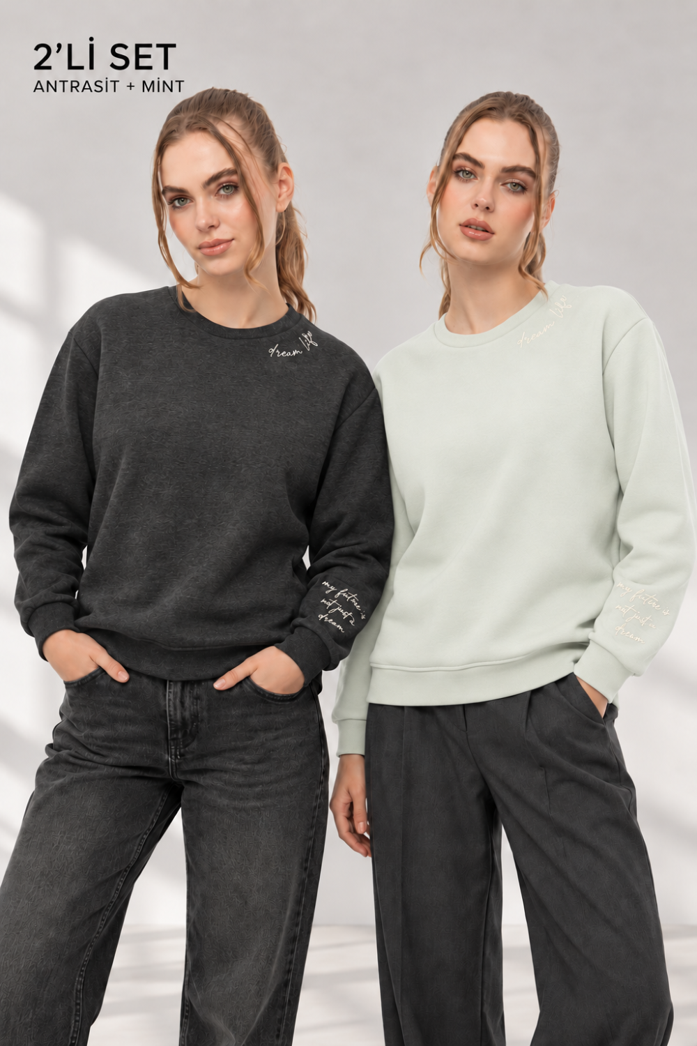 Kadın Mint Antra 2’li Şardonlu Nakışlı Sweatshirt Seti
