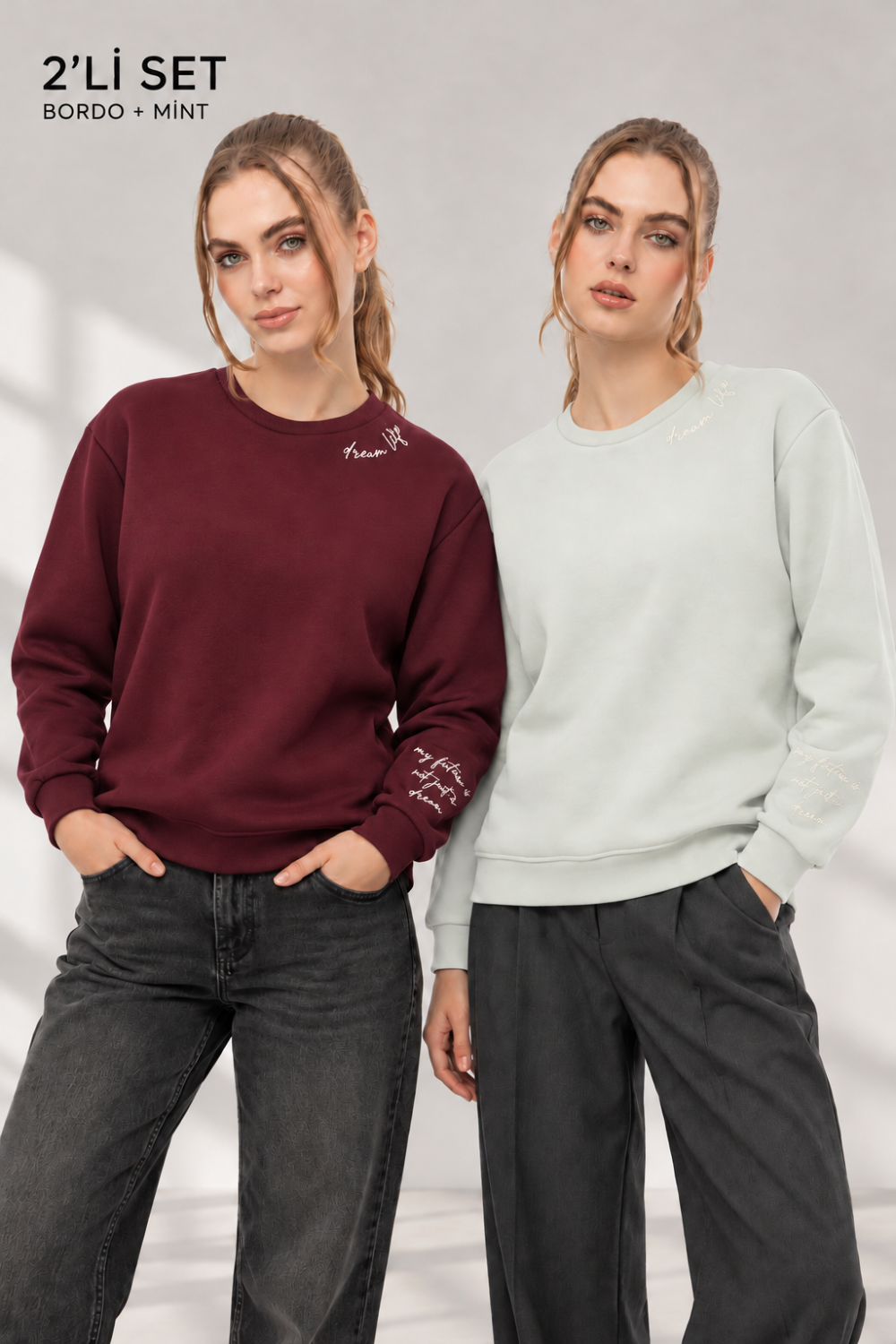 Kadın Mint Bordo 2’li Şardonlu Nakışlı Sweatshirt Seti