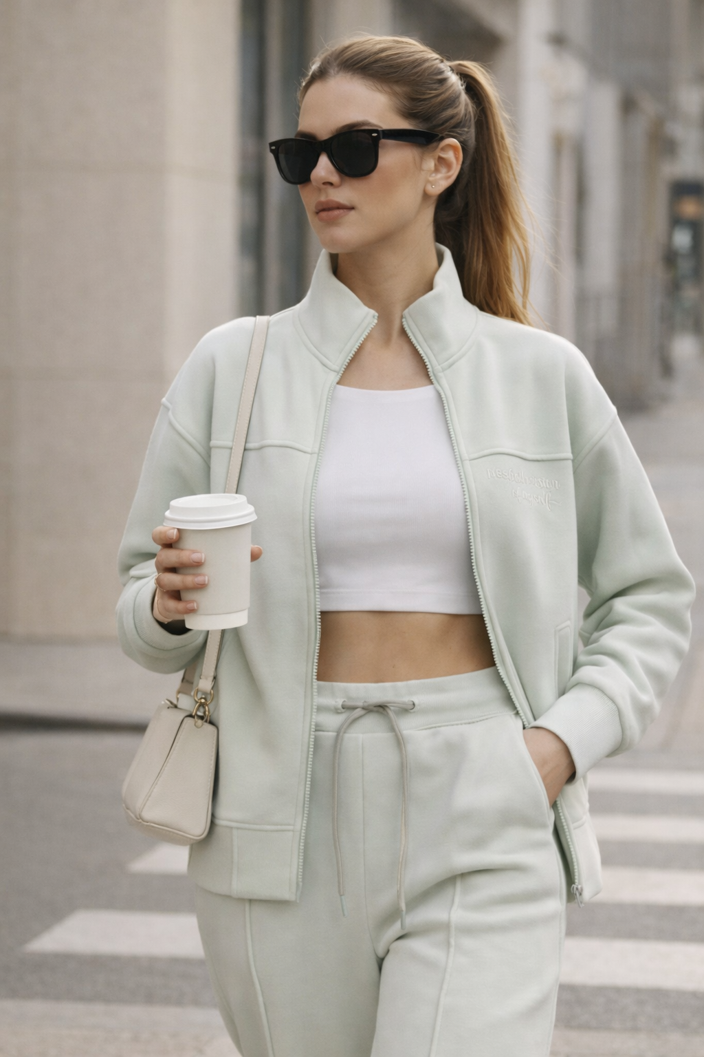 Kadın Mint Fermuarlı Sweat Ceket – Oversize Fit Günlük Spor Eşofman Üstü