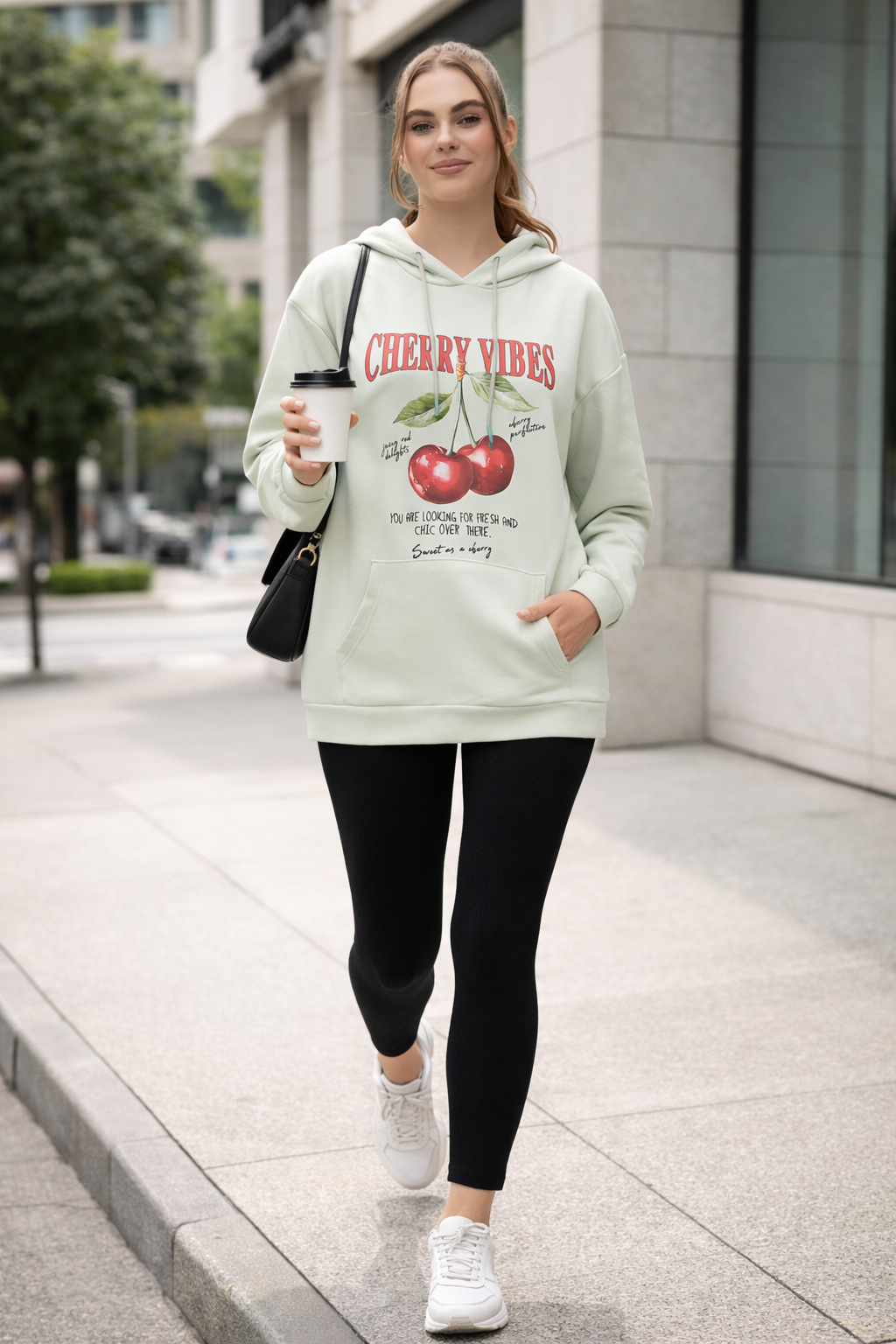 Kadın Mint Kiraz Baskılı Oversize Kapüşonlu Sweatshirt Hoodie