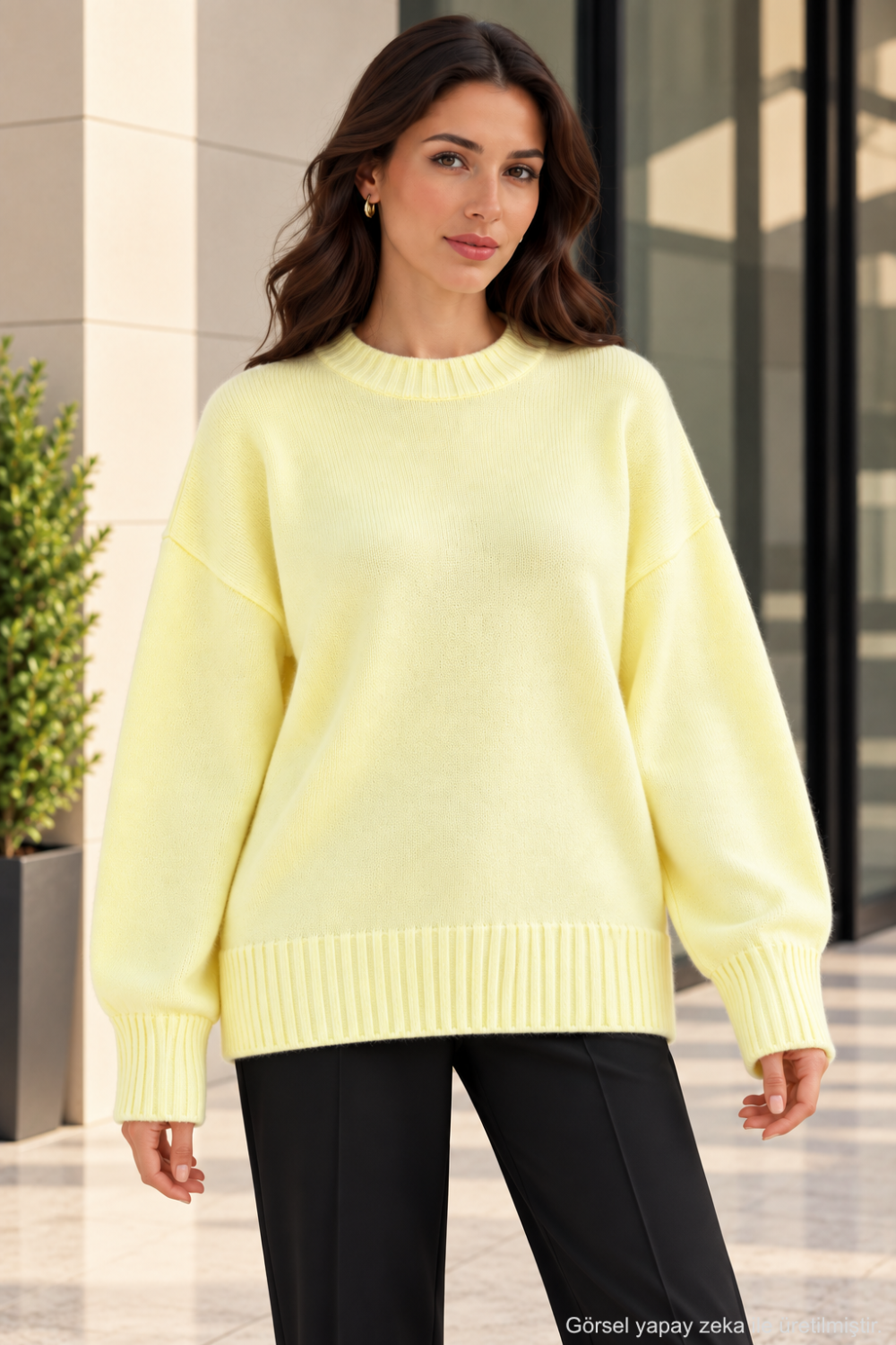 Kadın Oversize Bisiklet Yaka Basic Triko Kazak - Sarı Sarı