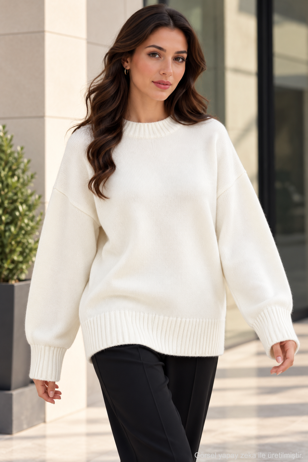 Kadın Oversize Bisiklet Yaka Basic Triko Kazak - Ekru Ekru
