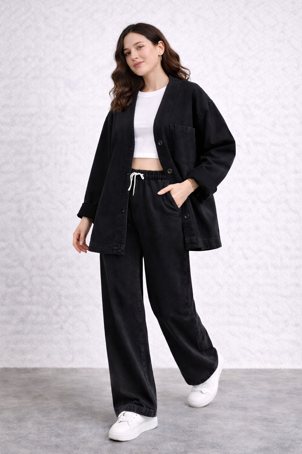 Kadın Oversize Denim Takım Bol Paça Pantolonlu Günlük Jean Takım Siyah