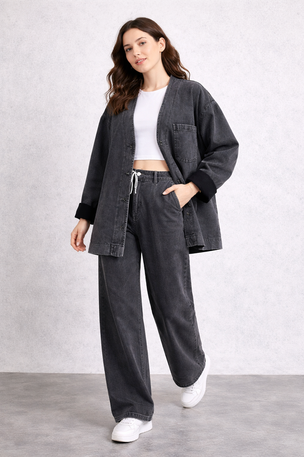Kadın Oversize Denim Takım Bol Paça Pantolonlu Günlük Jean Takım Antrasit