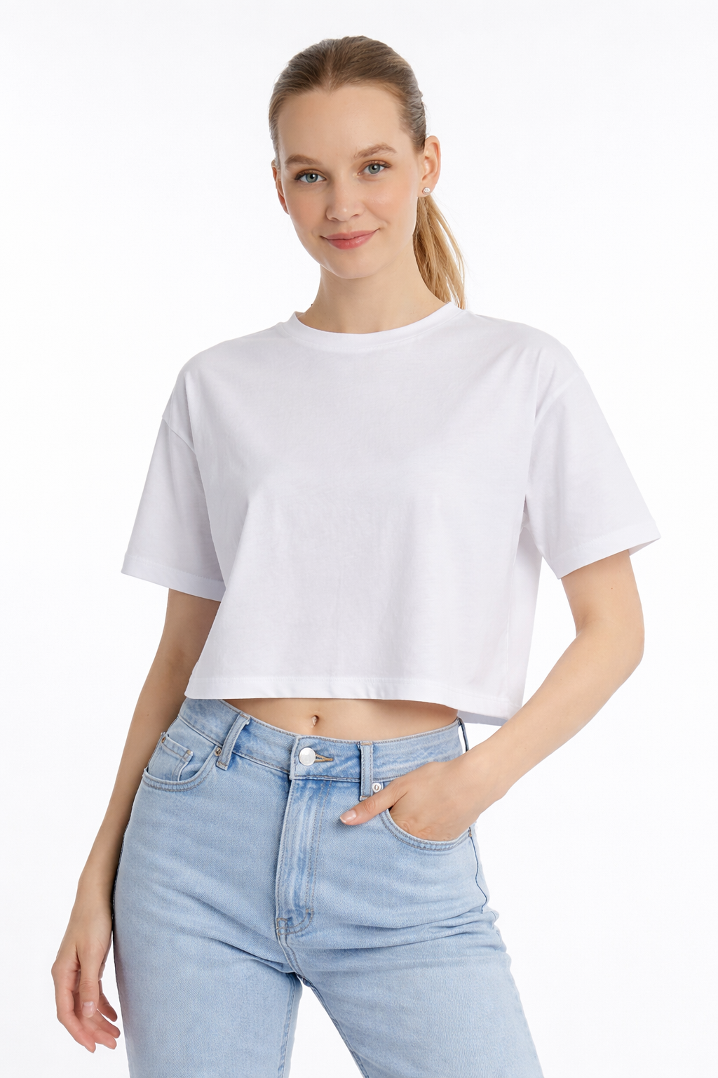 Kadin Oversize Fit Crop Tişört Beyaz