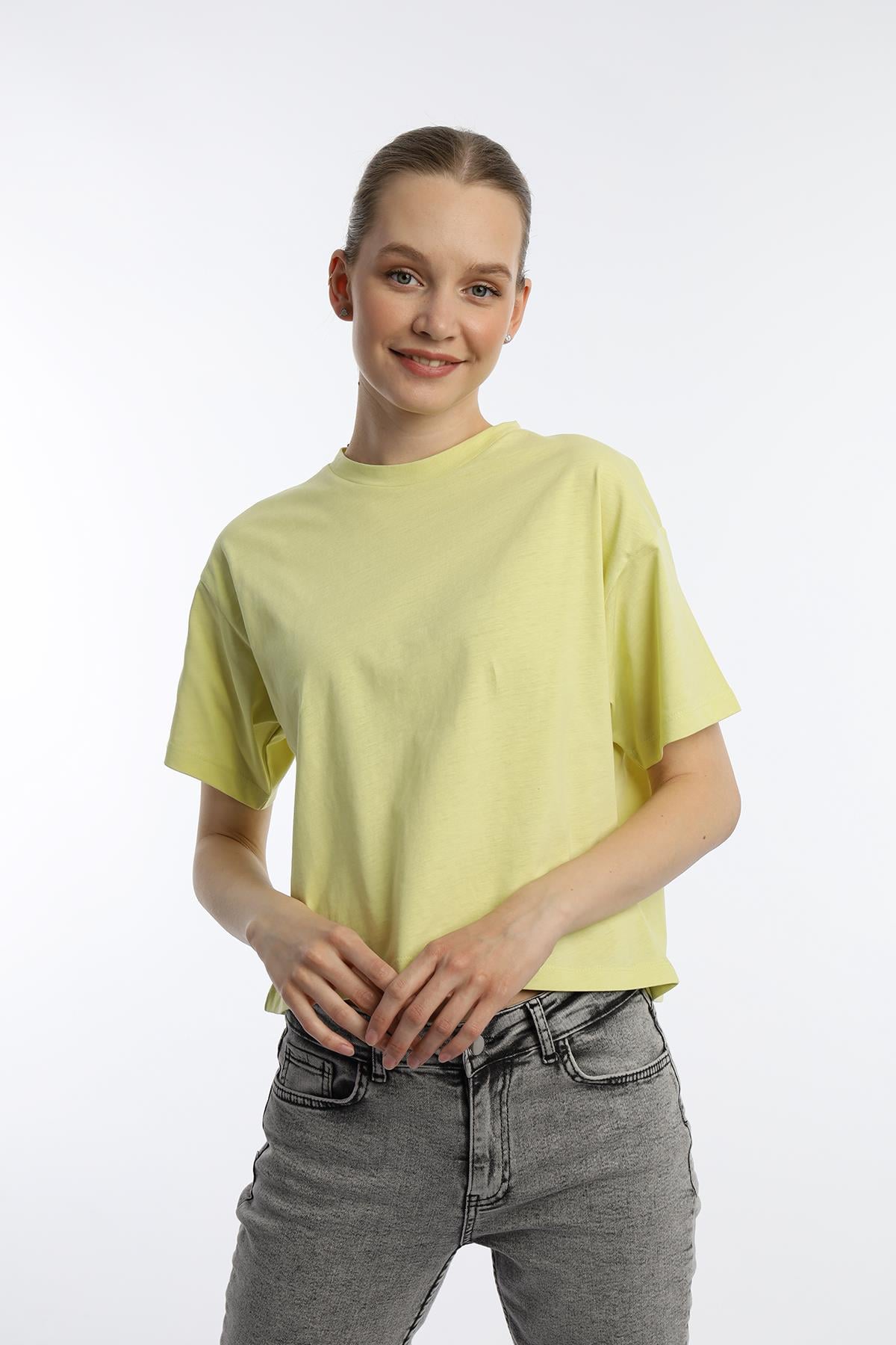 Kadin Oversize Fit Crop Tişört Sarı