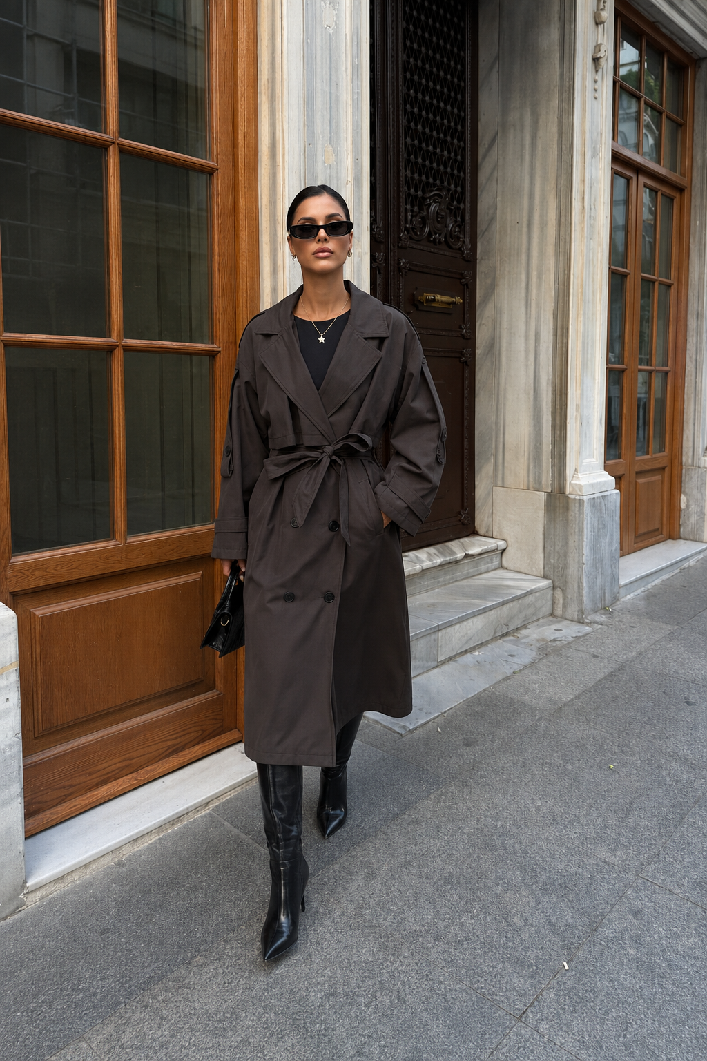 Kadın Oversize Kemerli Uzun Trençkot - Kahve