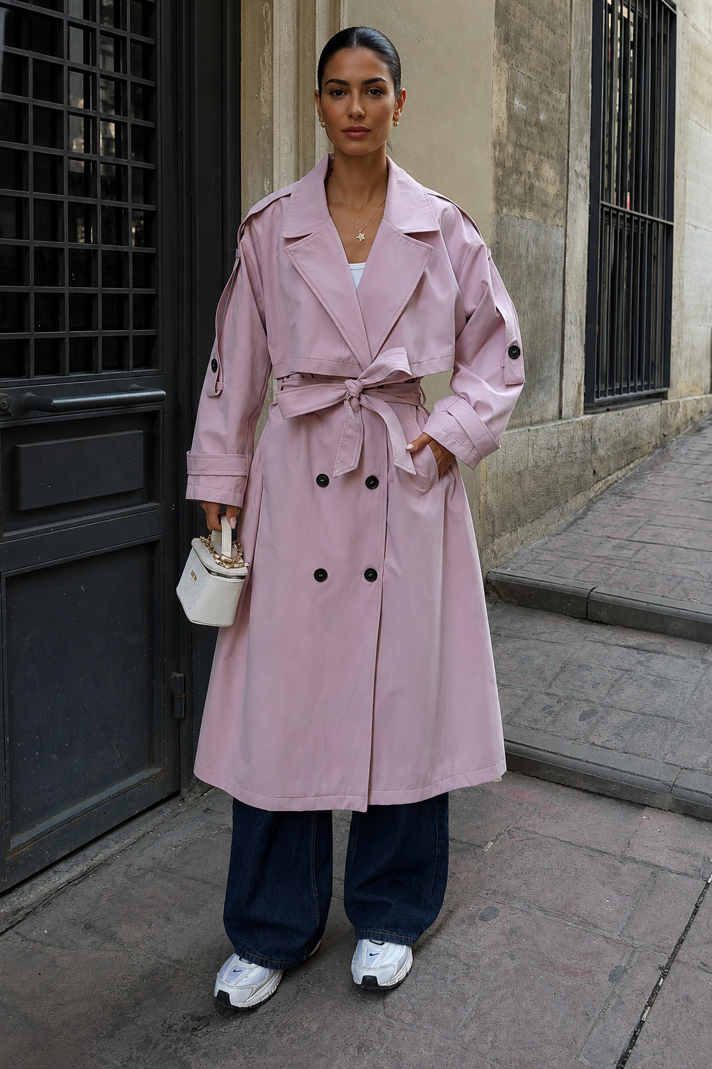 Kadın Oversize Kemerli Uzun Trençkot - Pembe