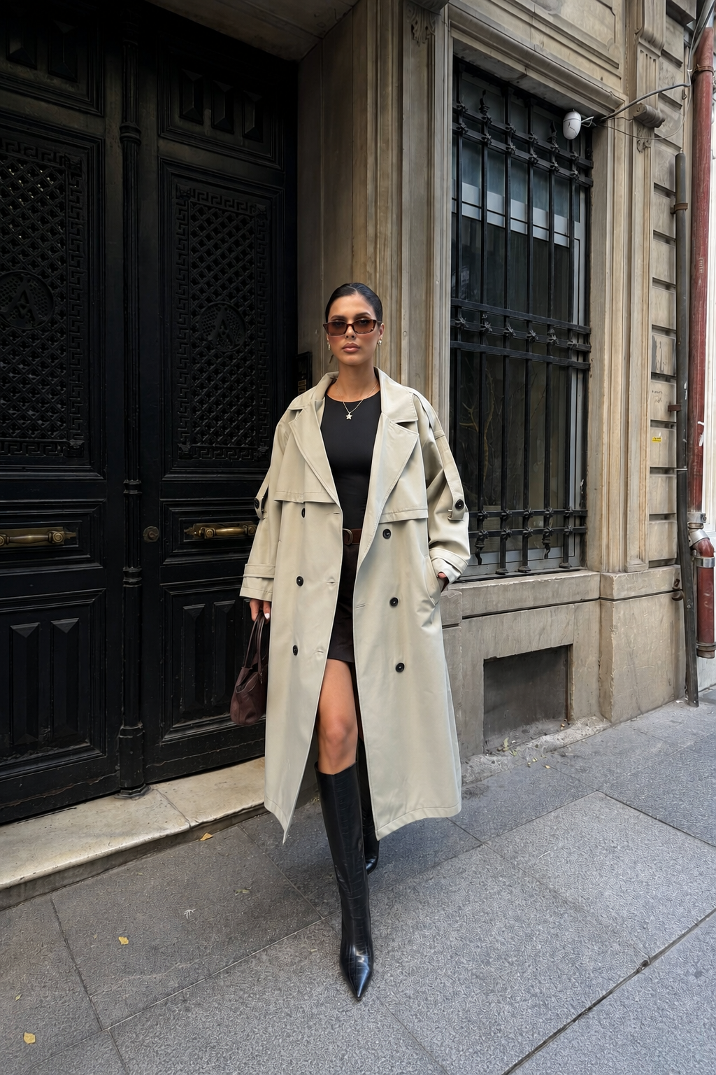 Kadın Oversize Kemerli Uzun Trençkot - Taş