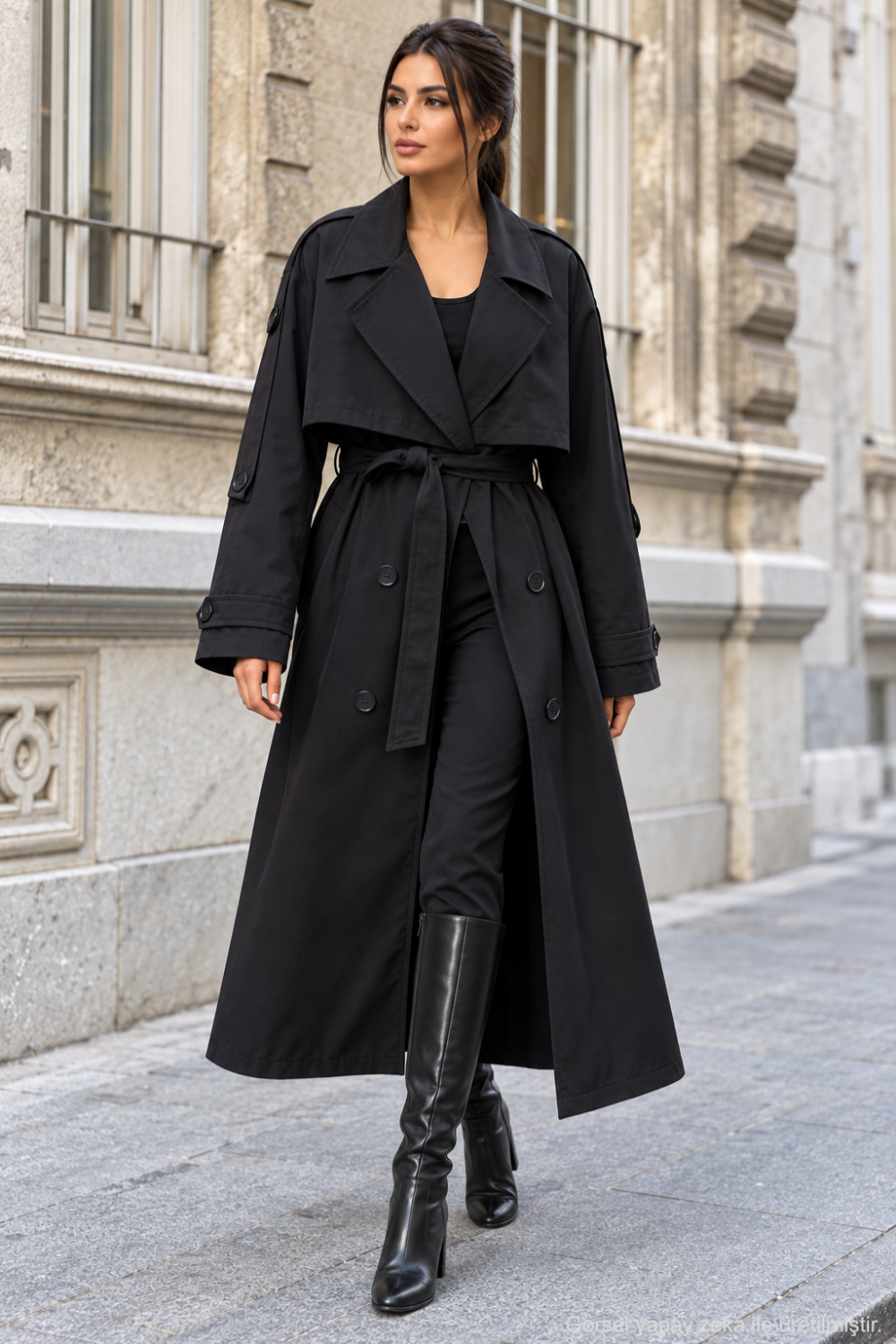 Kadın Oversize Kuşaklı Kol Şerit Detaylı Uzun Trençkot - Siyah