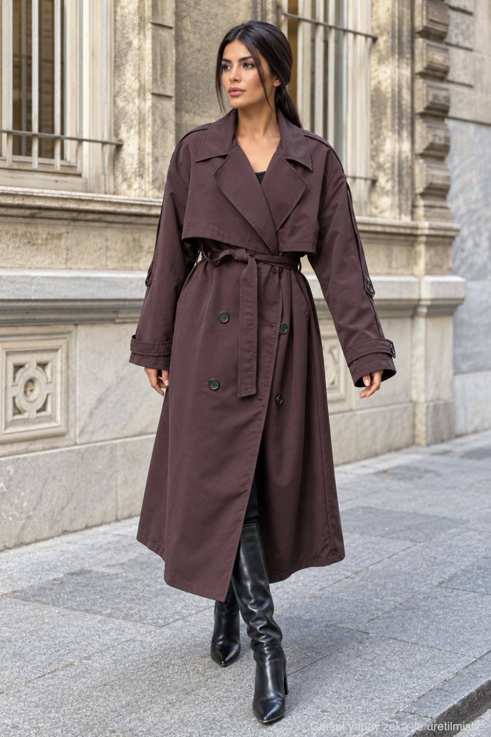 Kadın Oversize Kuşaklı Kol Şerit Detaylı Uzun Trençkot - Kahve
