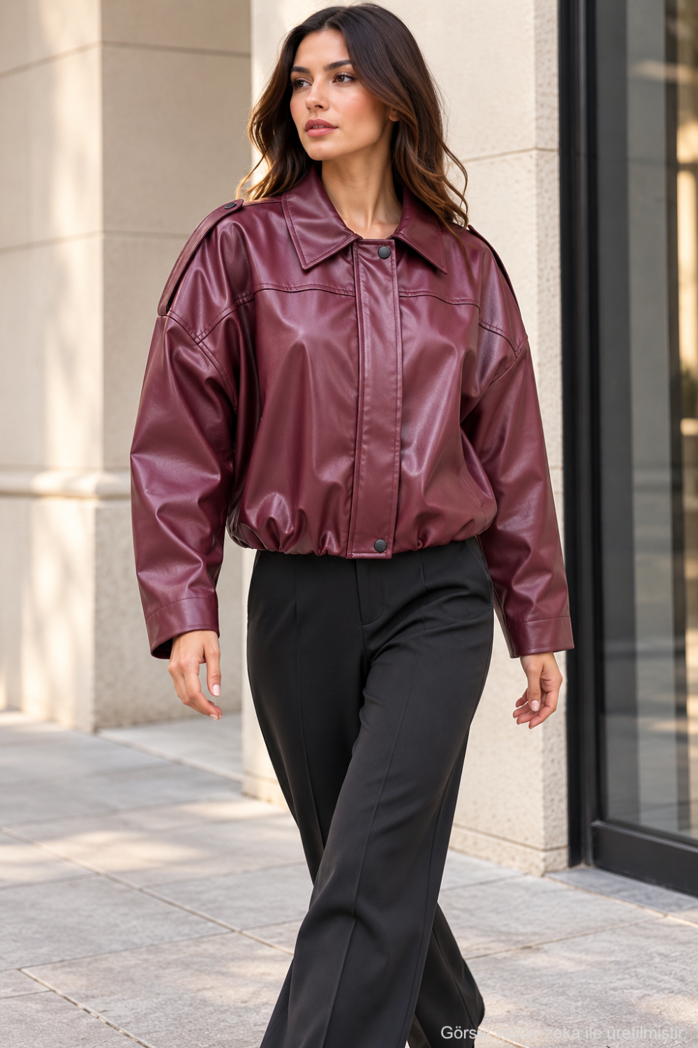 Kadın Oversize Suni Deri Fermuarlı Kısa Ceket - Bordo Bordo