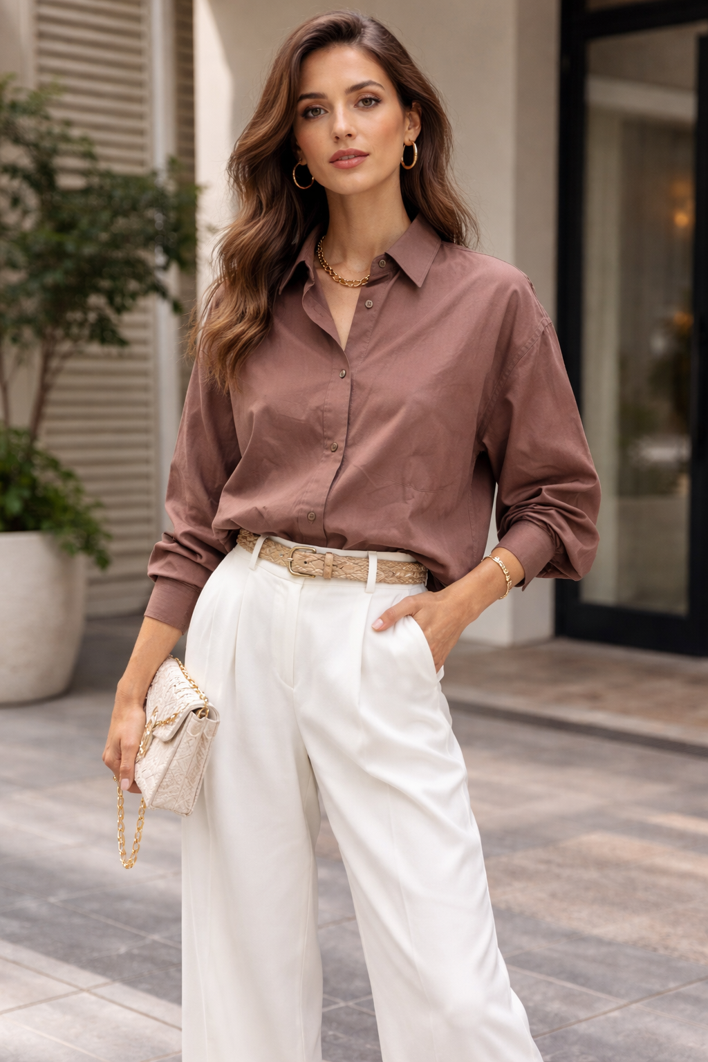 Kadın Oversize Uzun Kollu %100 Pamuklu Kahverengi Gömlek