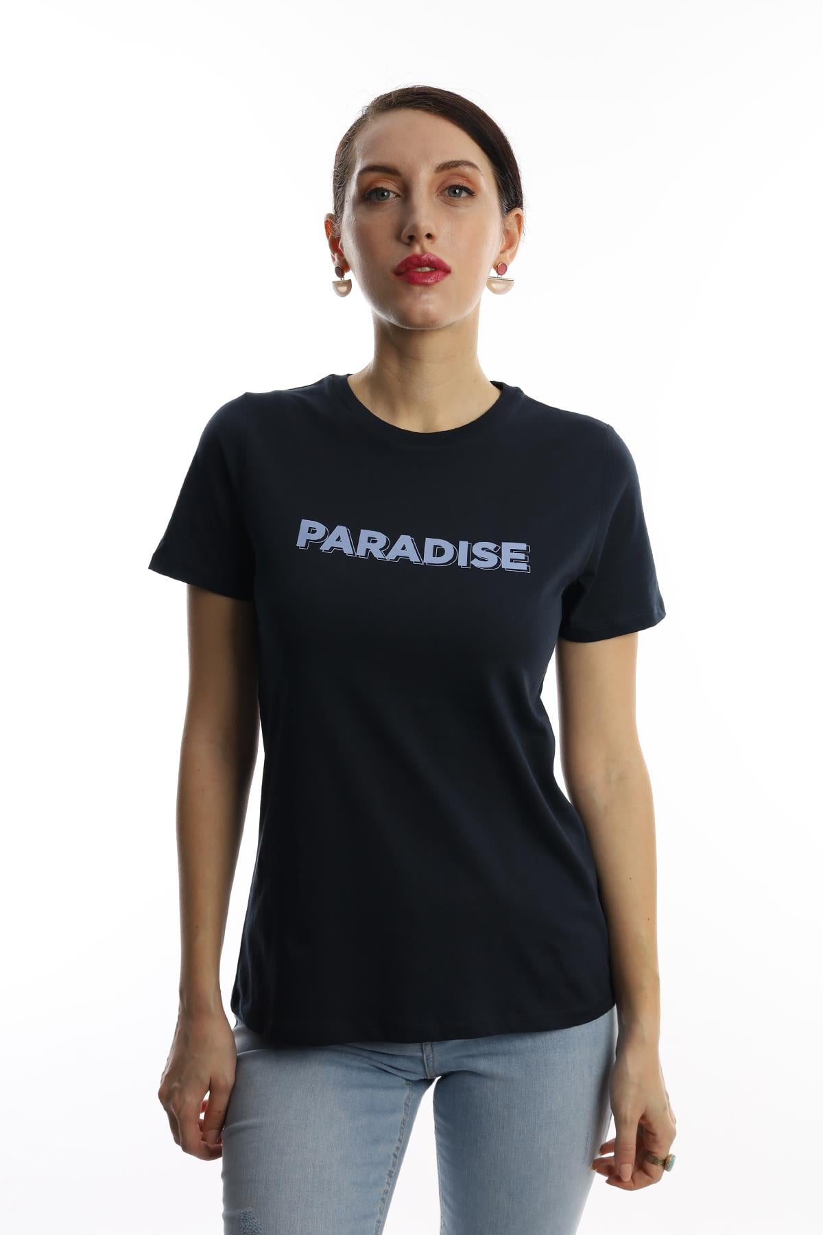 Kadin Paradise Baskili Bisiklet Yaka Tisort Lacivert