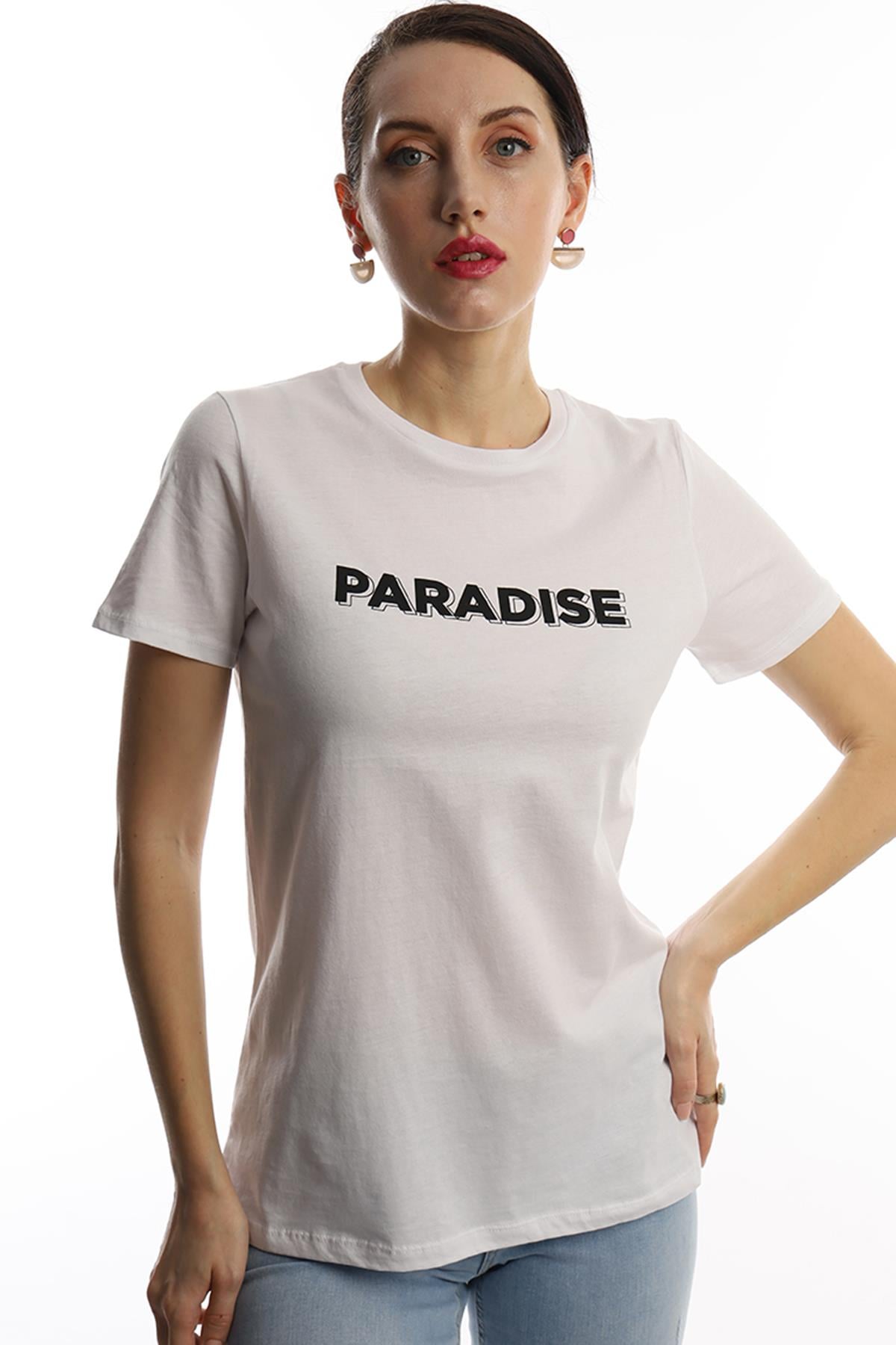 Kadin Paradise Baskili Bisiklet Yaka Tisort Beyaz