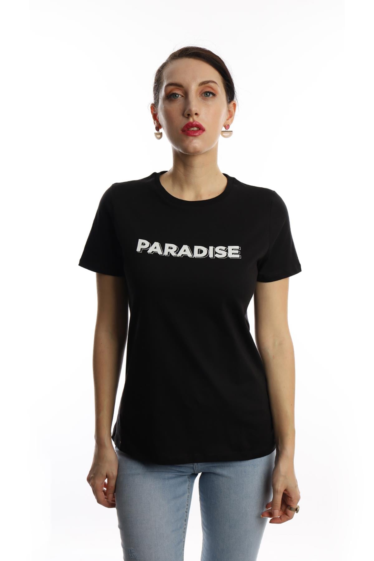Kadin Paradise Baskili Bisiklet Yaka Tisort Siyah