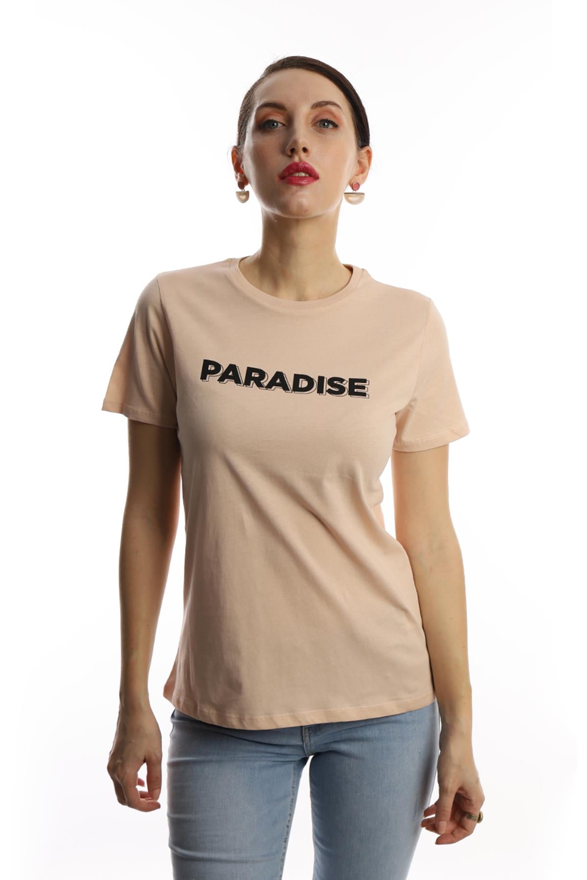 Kadin Paradise Baskili Bisiklet Yaka Tisort Bej