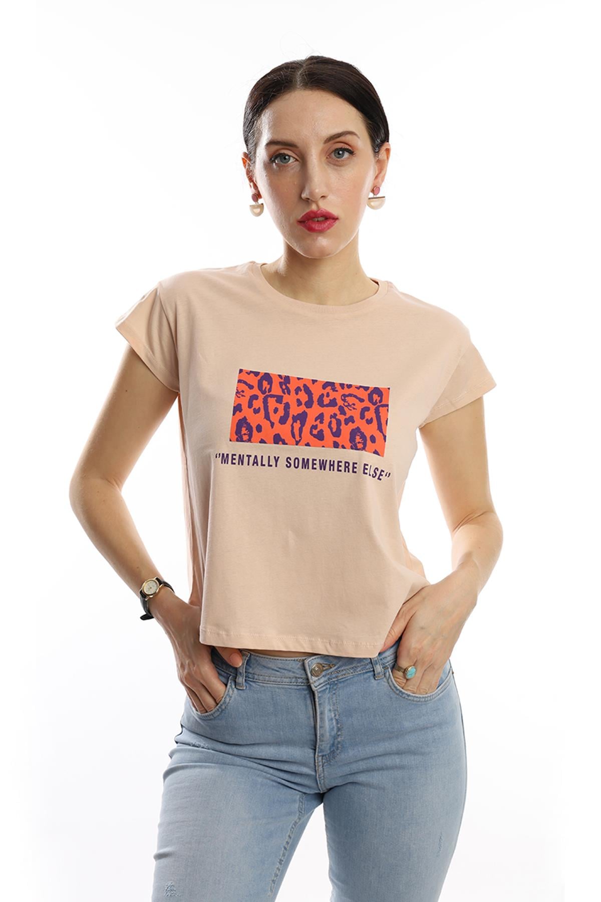Kadin pars Desen Baskili Crop Tisort Bej