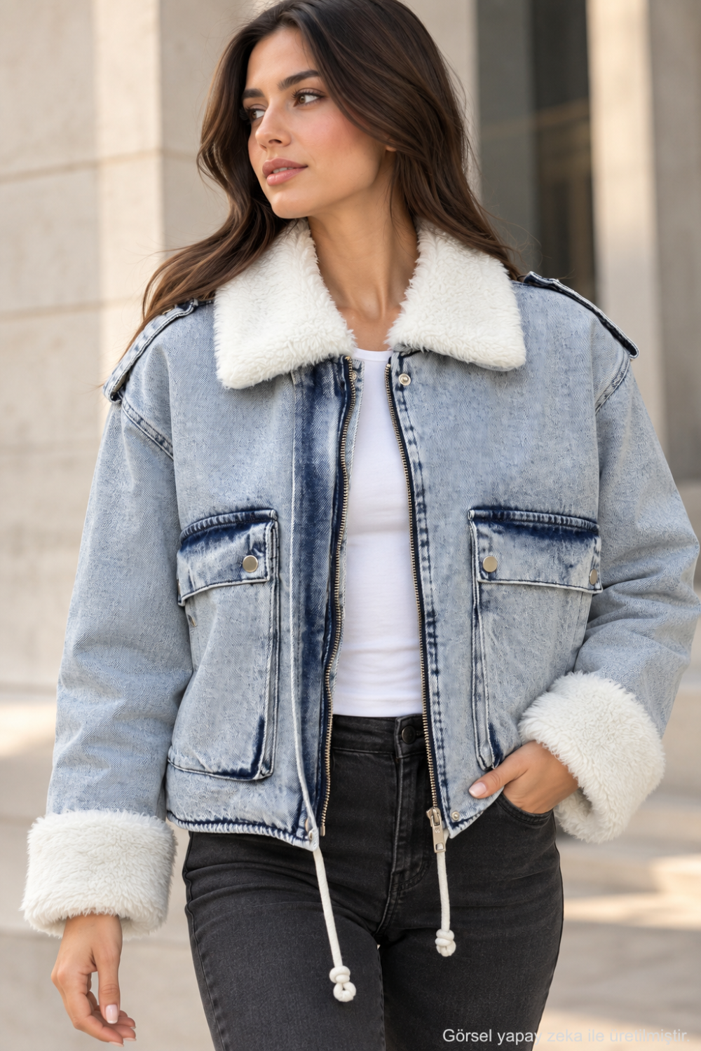 Kadın Peluş Detaylı Cepli Yıkamalı Jean Ceket Mavi