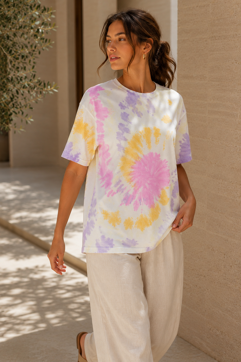 Kadın Pembe Lila Sarı Batik Desenli Oversize T-Shirt