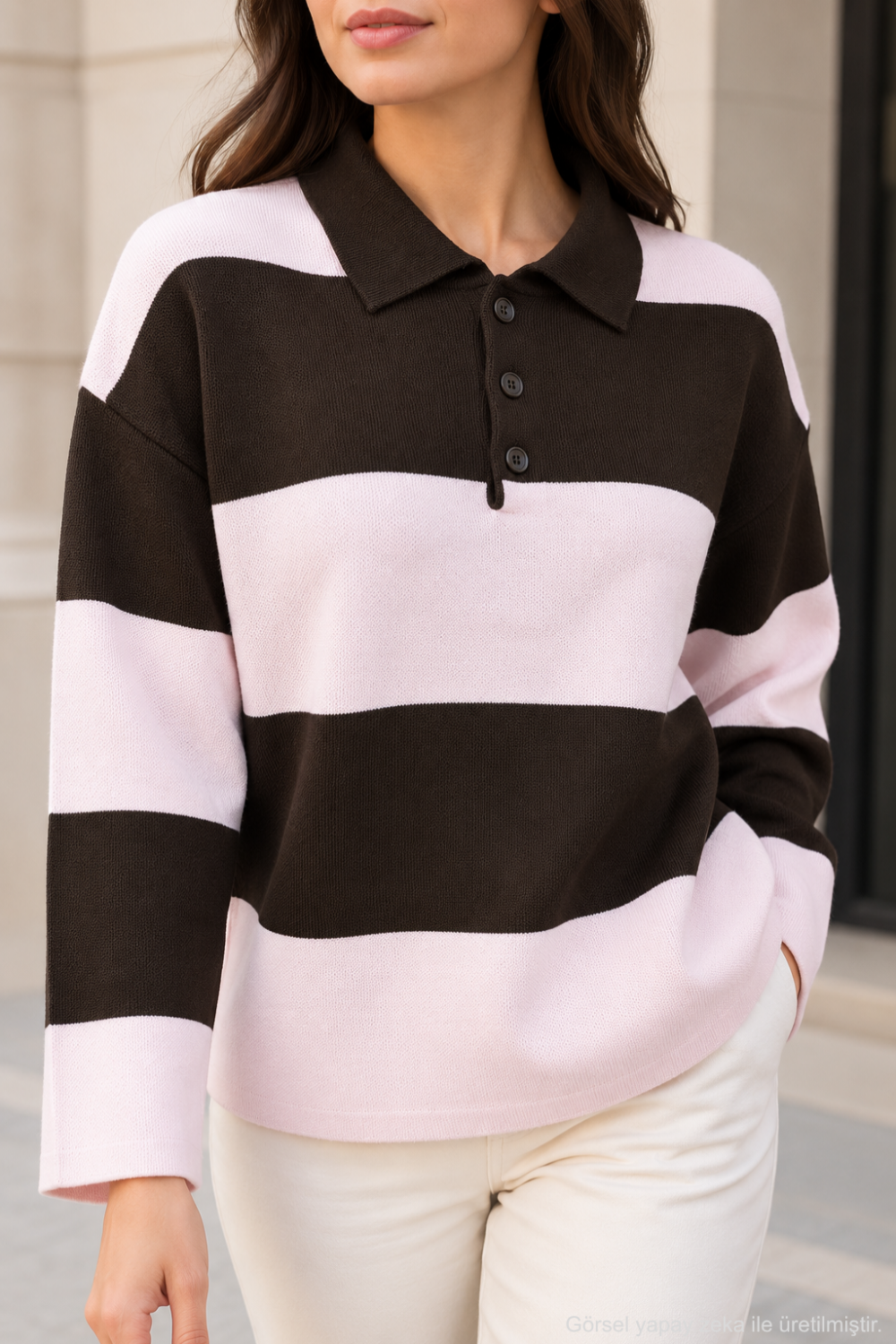 Kadın Polo Yaka Çizgili Oversize Triko Kazak - Pembe Pembe