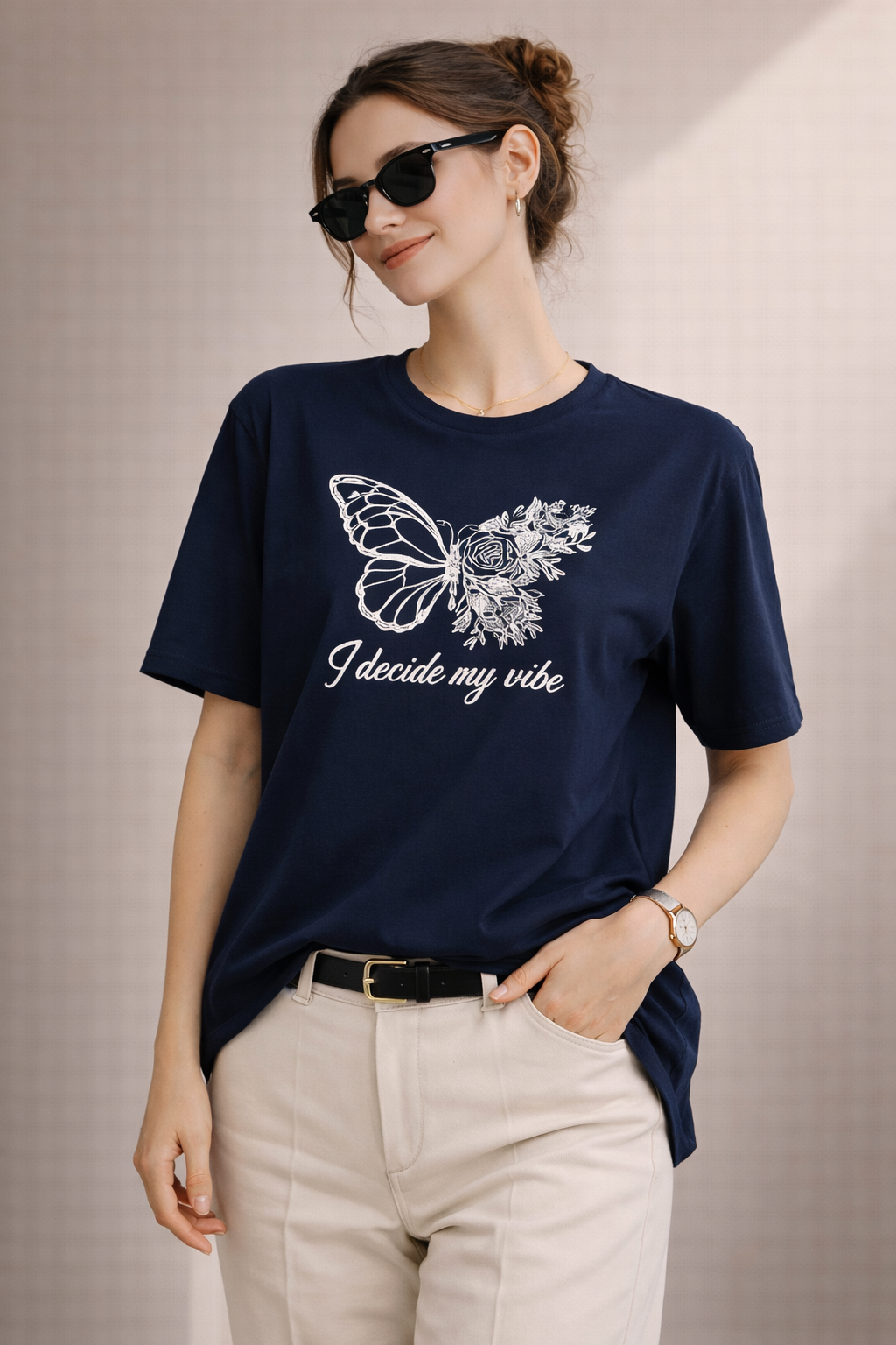 Kadın Regular Baskılı Lacivert Tişört Pamuklu Rahat Kesim Günlük Şık T-Shirt