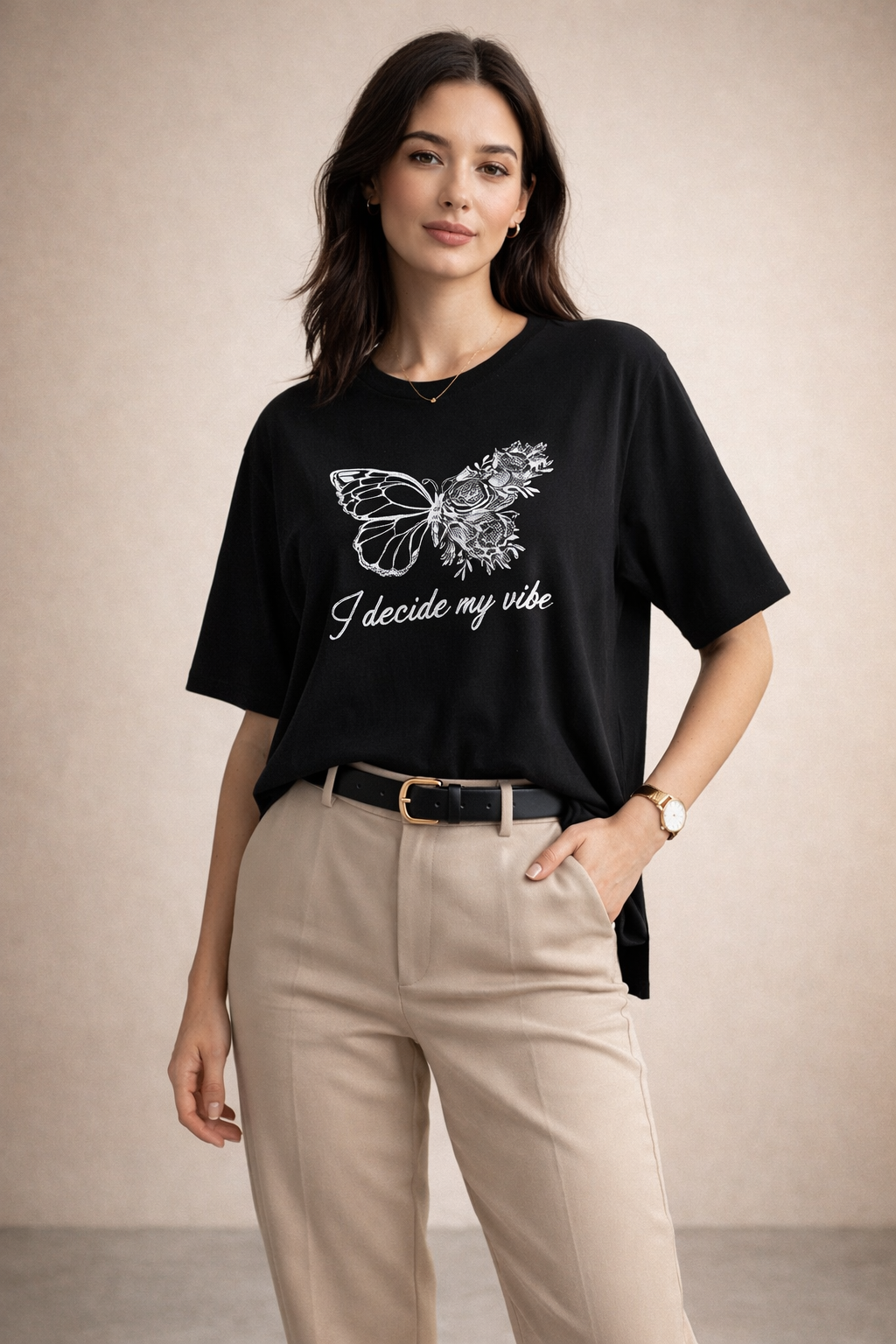 Kadın Regular Baskılı Siyah Tişört Pamuklu Rahat Kesim Günlük Şık T-Shirt