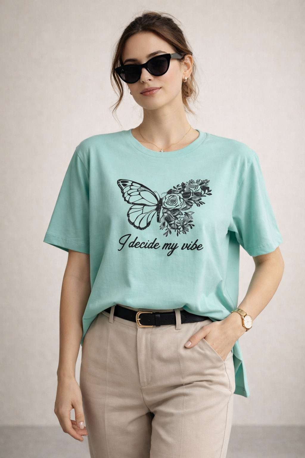 Kadın Regular Baskılı Turkuaz Tişört Pamuklu Rahat Kesim Günlük Şık T-Shirt