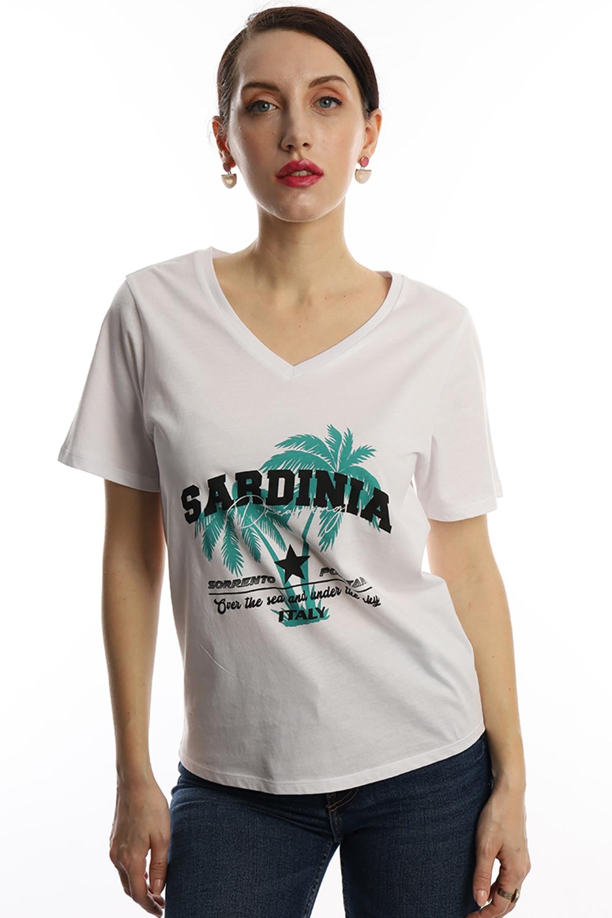 Kadin Sardinia Baskili V Yaka Tisort Beyaz