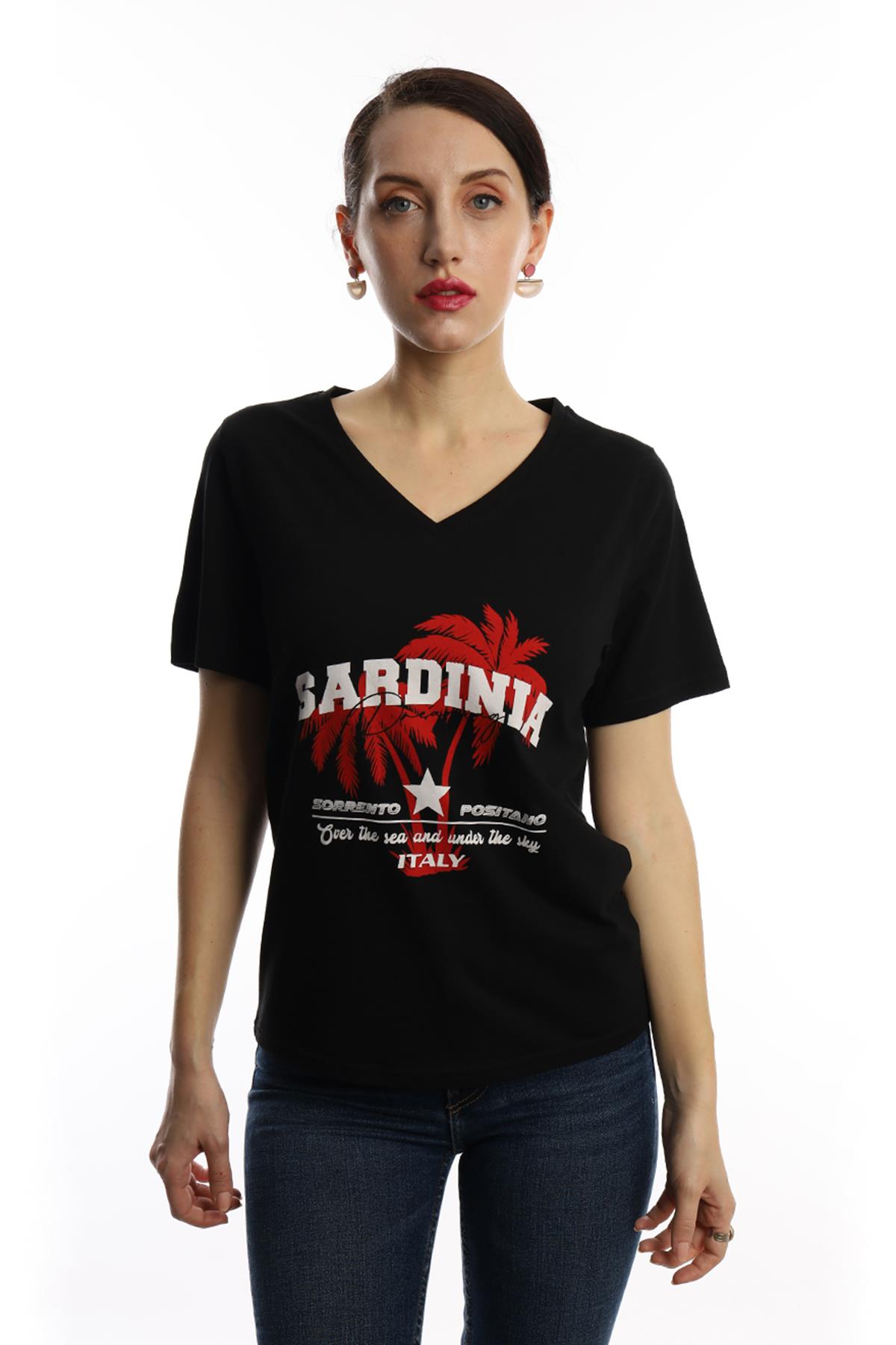 Kadin Sardinia Baskili V Yaka Tisort Siyah