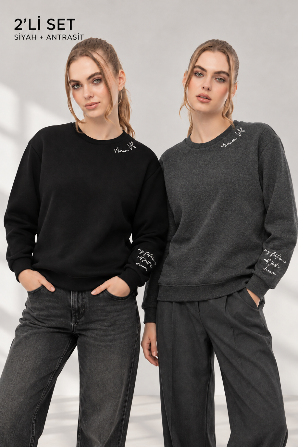 Kadın Siyah Antra 2’li Şardonlu Nakışlı Sweatshirt Seti
