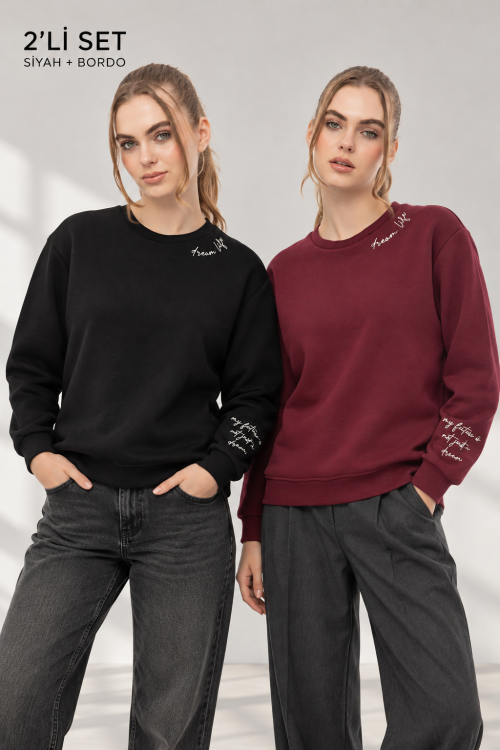 Kadın Siyah Bordo 2’li Şardonlu Nakışlı Sweatshirt Seti