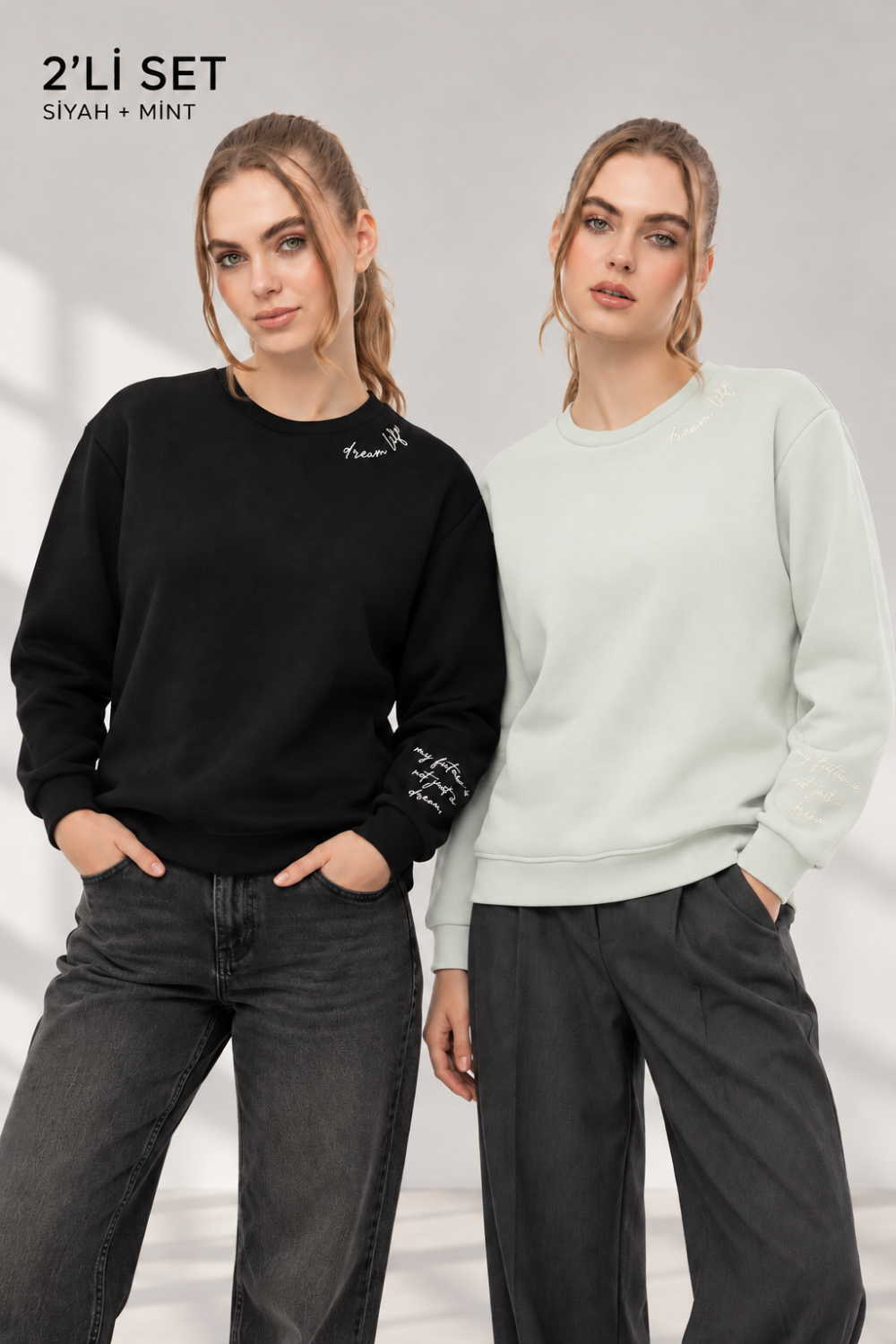 Kadın Siyah Mint 2’li Şardonlu Nakışlı Sweatshirt Seti