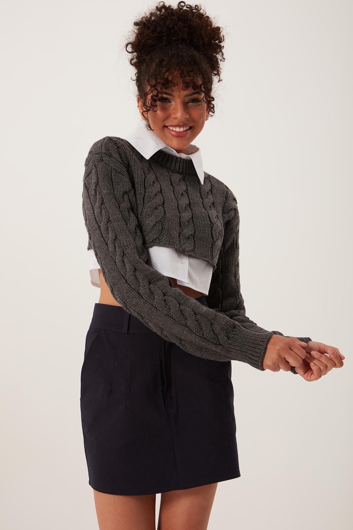 Kadın Triko Crop Sweatshirt Antrasit