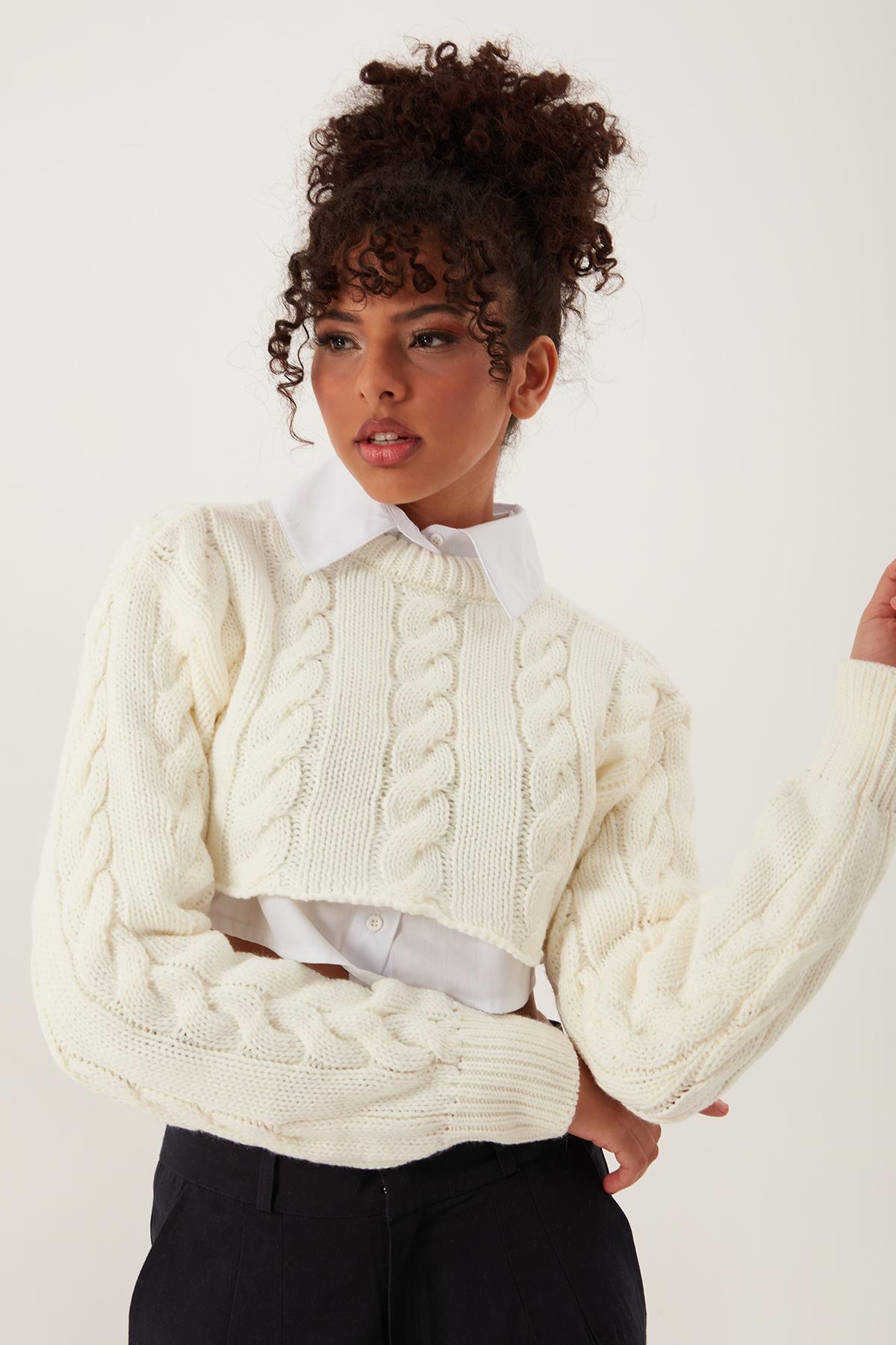 Kadın Triko Crop Sweatshirt Krem