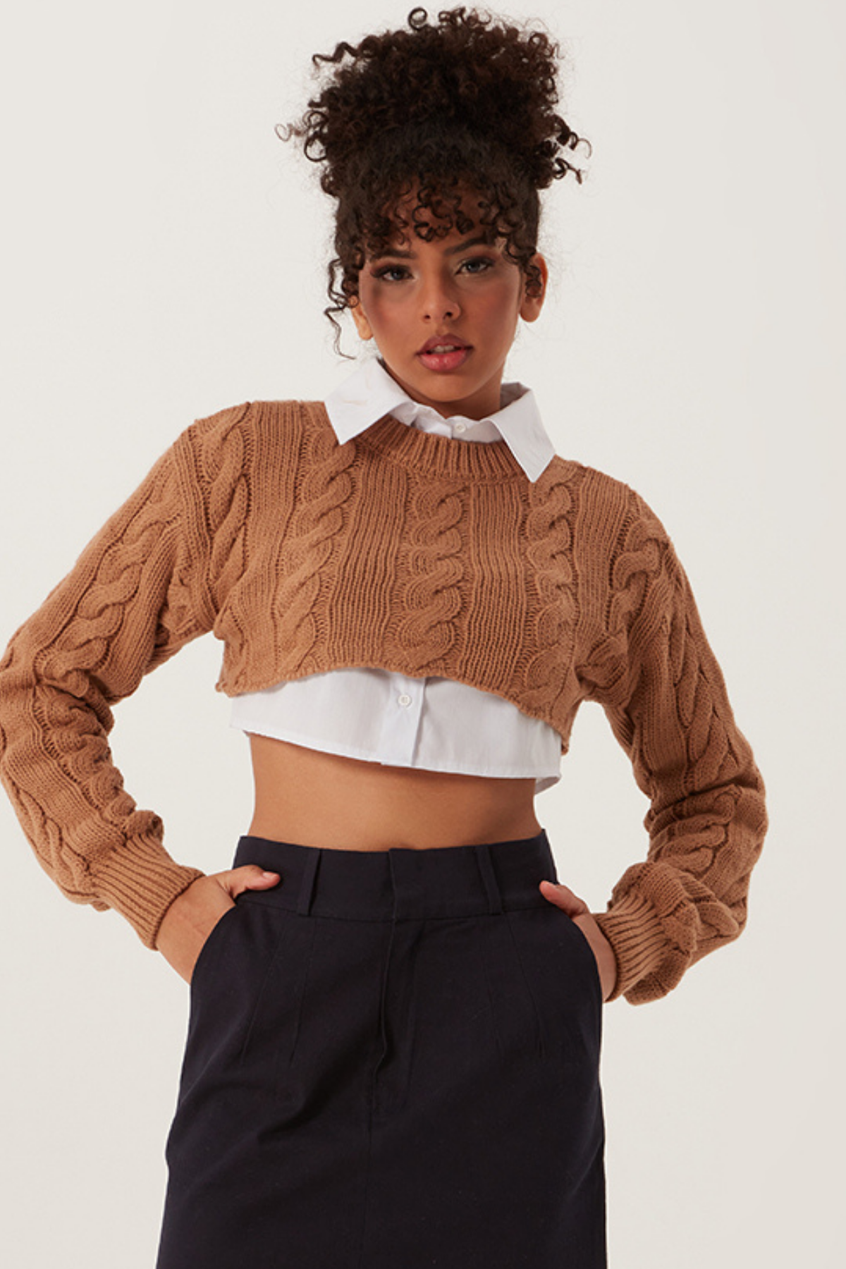 Kadın Triko Crop Sweatshirt Taba