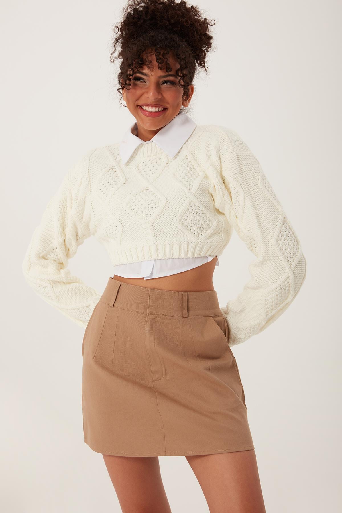 Kadın Triko Sweatshirt Krem