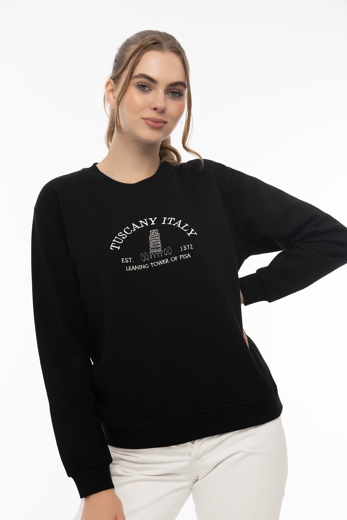 Kadın Tuscany İtaly Nakışlı Sweatshirt Siyah