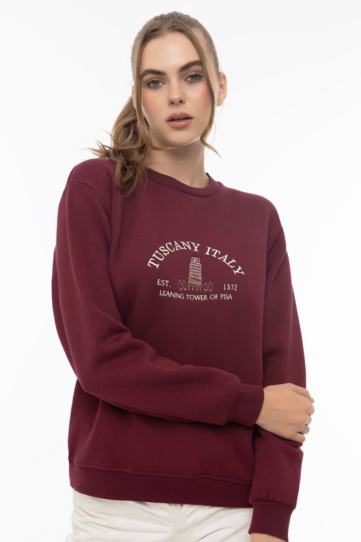 Kadın Tuscany İtaly Nakışlı Sweatshirt Bordo