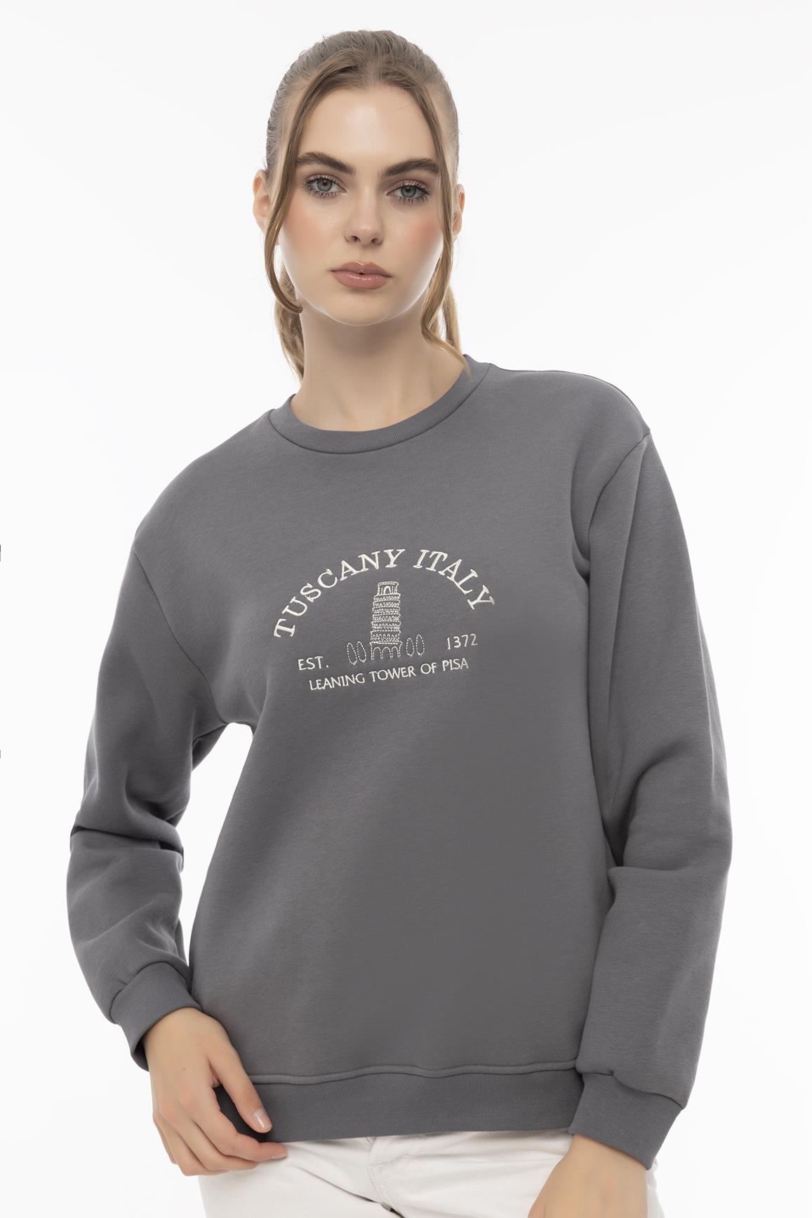Kadın Tuscany İtaly Nakışlı Sweatshirt Füme