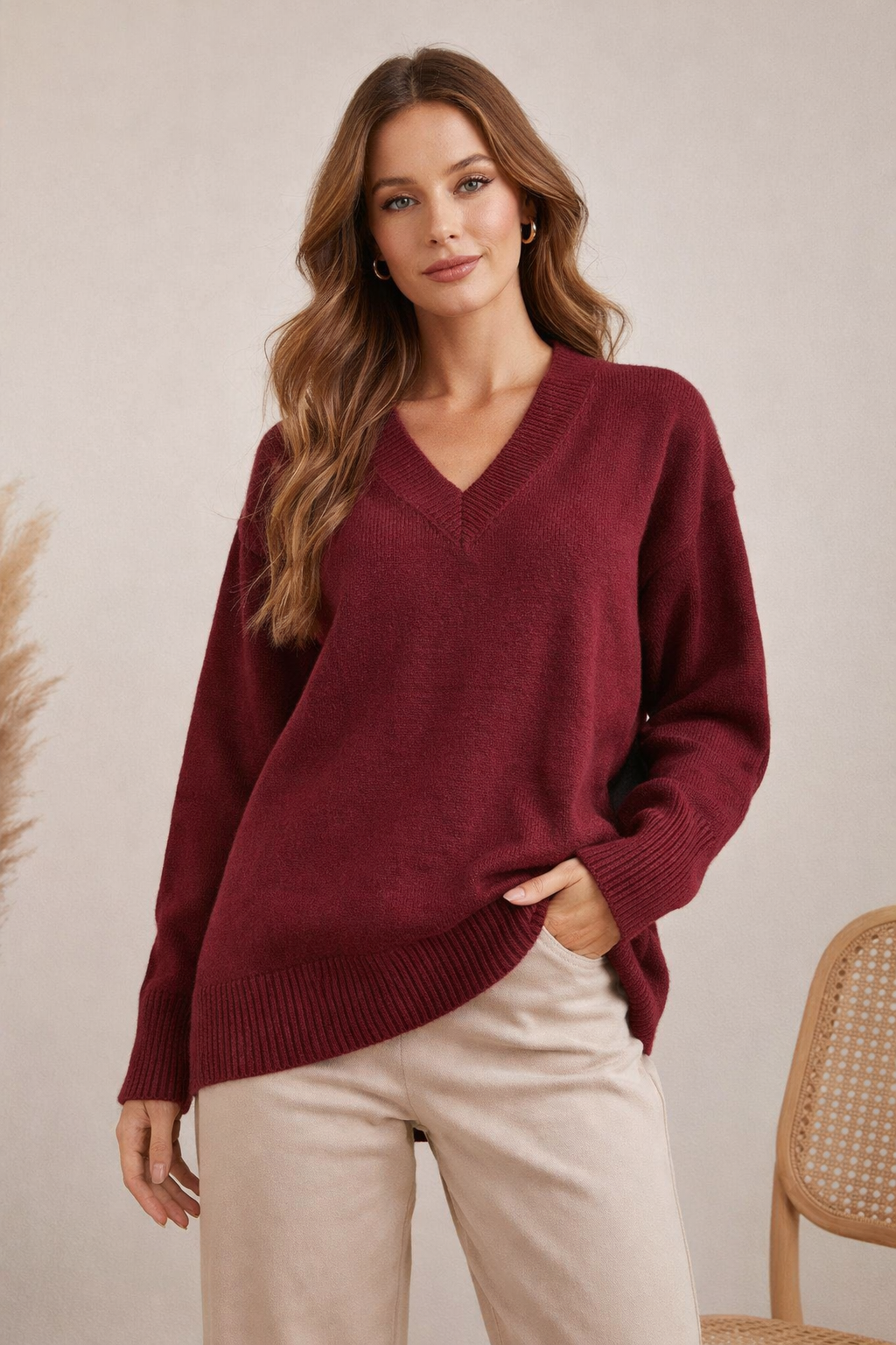 Kadın V Yaka Oversize Triko Bordo Kazak