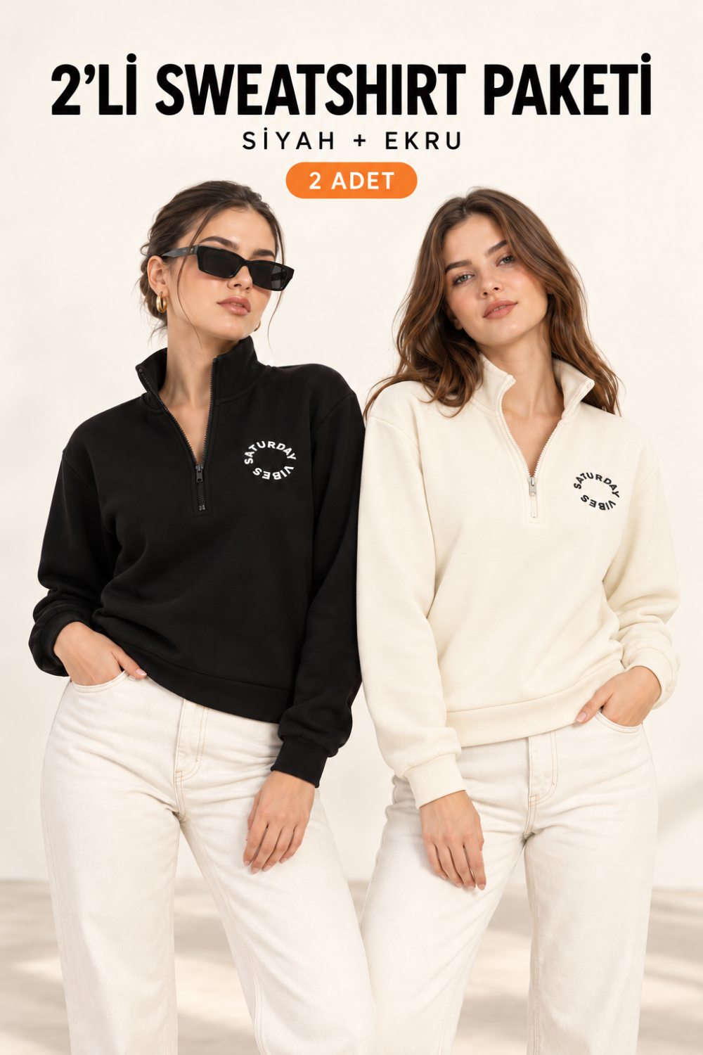 Kadın Yarım Fermuarlı Dik Yaka Baskılı Sweatshirt 2’li Paket Siyah / Ekru