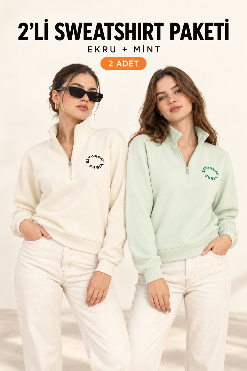 Kadın Yarım Fermuarlı Dik Yaka Baskılı Sweatshirt 2’li Paket Mİnt / Ekru