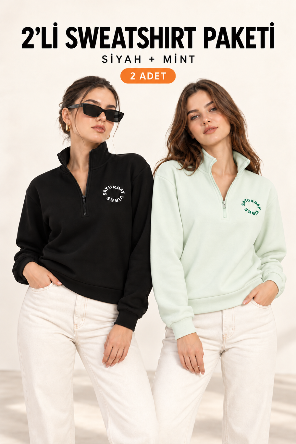 Kadın Yarım Fermuarlı Dik Yaka Baskılı Sweatshirt 2’li Paket Siyah / Mint